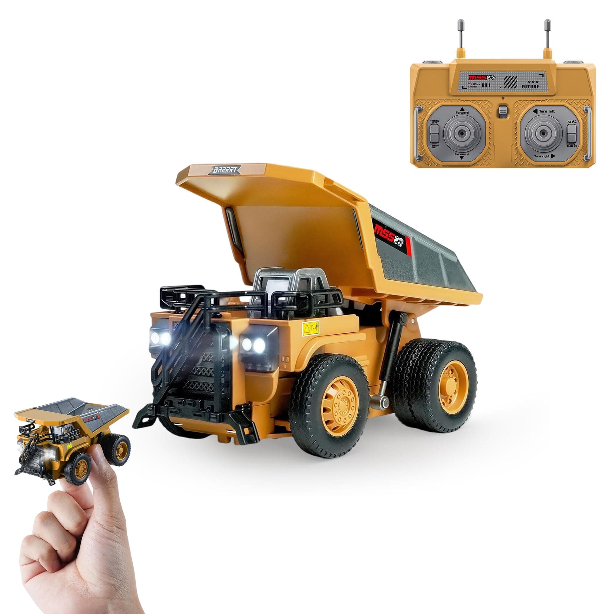 BRRRRT 1/64 RC Dump Truck,Full Proportion Mini Dump Truck Toy,8-Channel Remote Control Toy with Metal Bed & Light, RC Construction Vehicles,Type-C Built-in Battery for Boys and Girls Age 3+