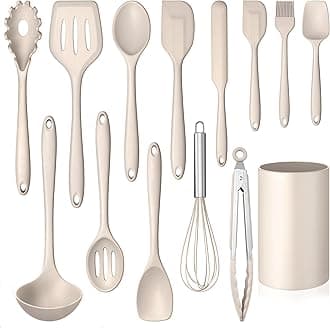 LIANYU 14 Pcs Kitchen Utensils Set with Holder, Silicone Cooking Utensils Spatula Set, Heat Resistant Cookware Tools Includes Spoon Turner Whisk Tong, Dishwasher Safe, Khaki