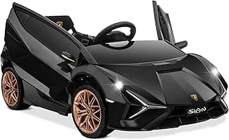 Kidzone Kids 12V Electric Ride On Licensed Lamborghini Sian Roadster Motorized Toy Car with Remote Control, Wheels Suspension, LED Lights & Music – Black with Gold Rim