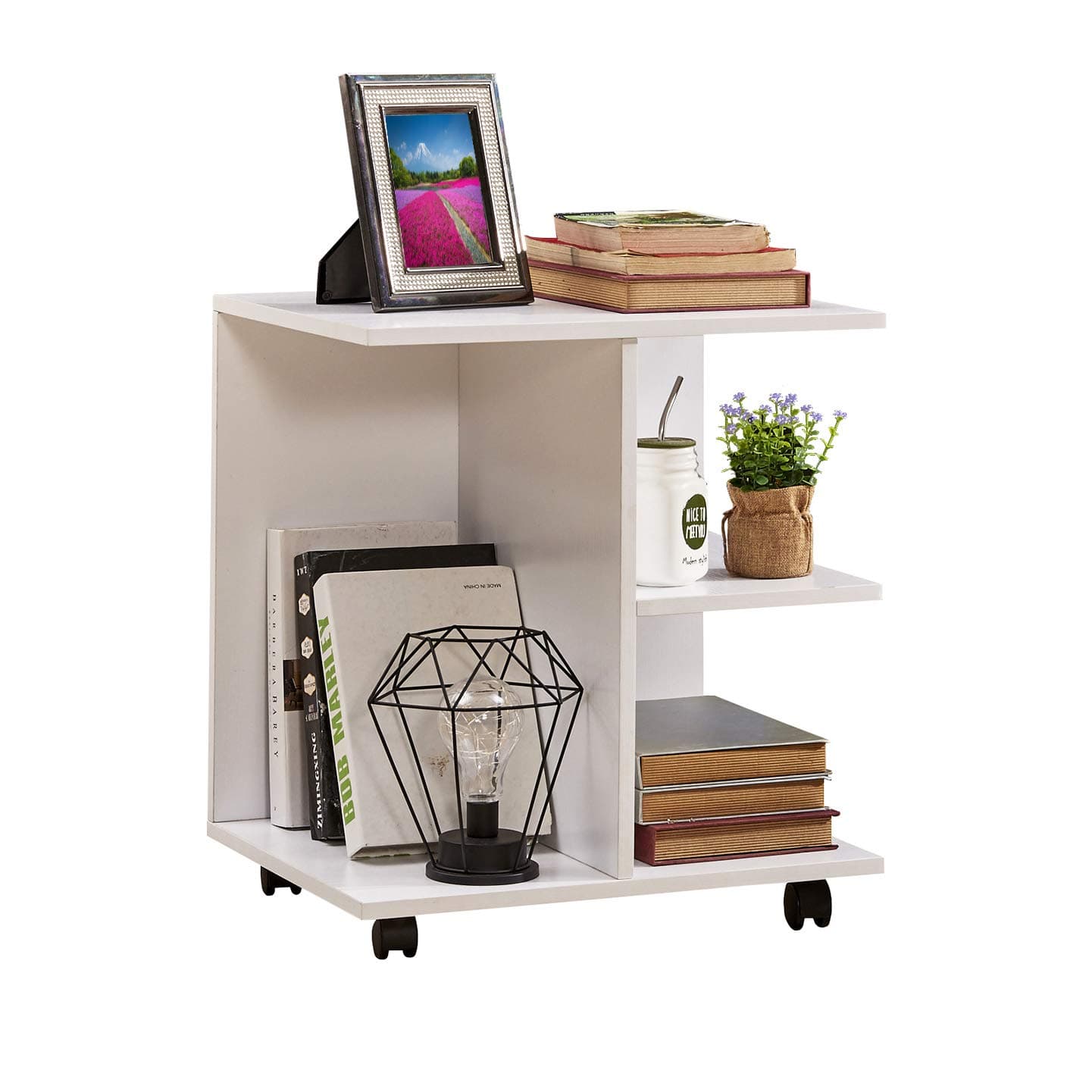 GreenForest End Table with Rolling Wheels Printer Stand Bedside Table for Bedroom,White