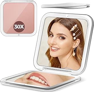 Rose 30X Pocket Travel Makeup Mirror, 2-Sided Compact 3.3x3.3-Inch Mini Mirror for Home & Outside, Precision Tweezers