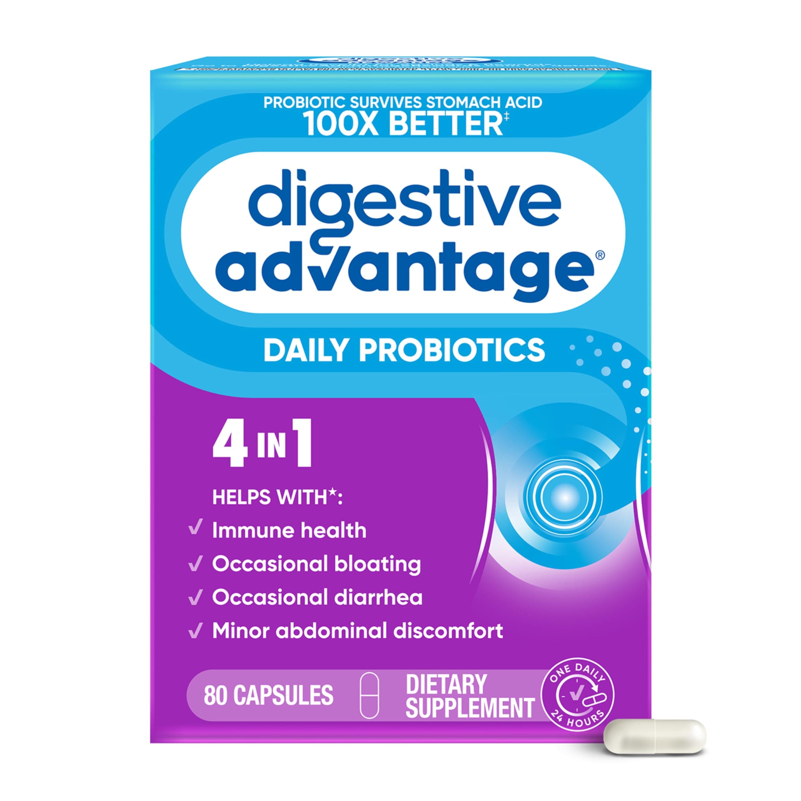 Digestive Advantage Probiotics for Digestive Health, Daily Probiotics for Women & Men, Supports Gut Health, Occasional Bloating & Diarrhea, Minor Abdominal Discomfort, & Immune Support, 80ct Capsules