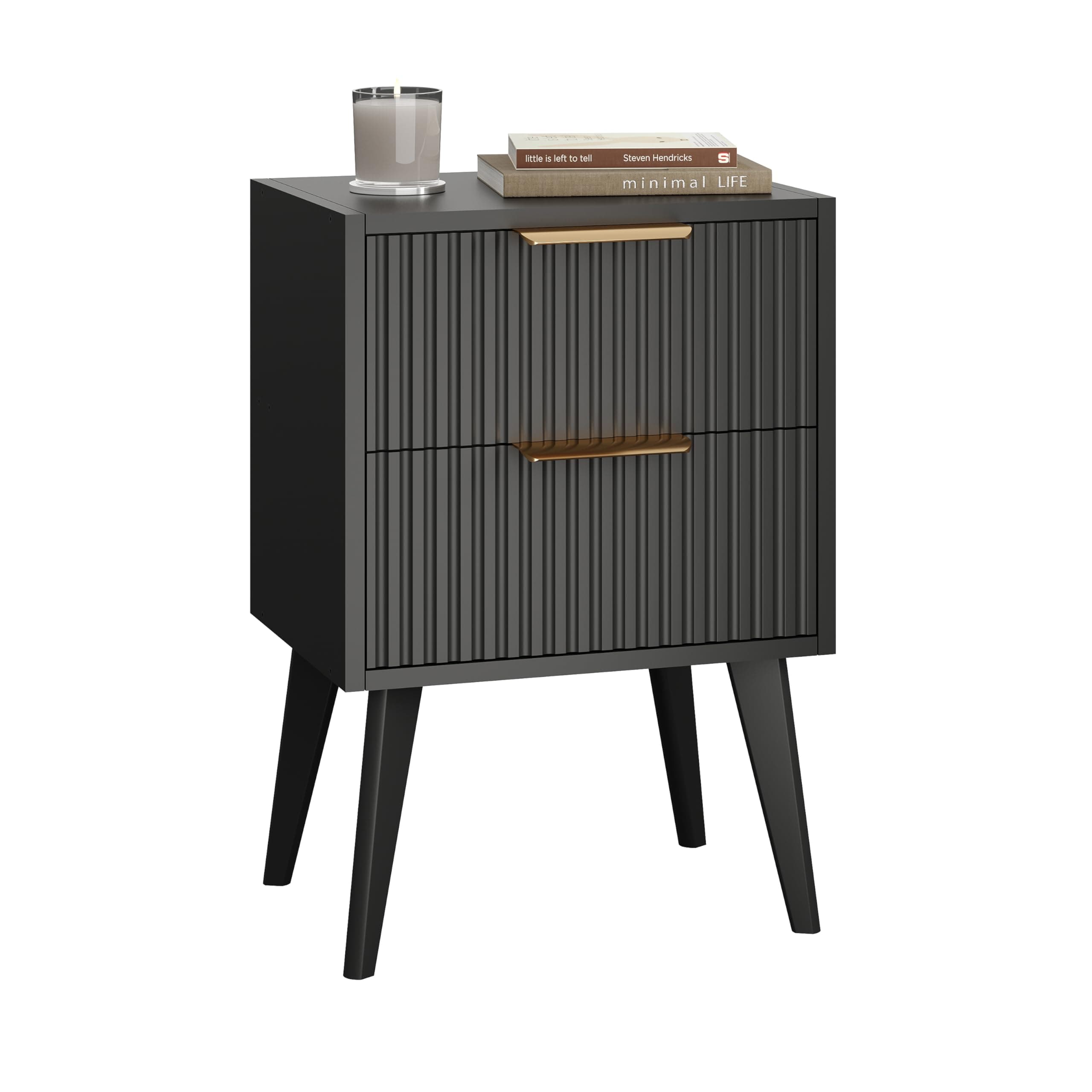 YAUKOMEL Small Black Night Stand,Mid Century Modern Bedside Table, Nightstand with 2 Drawers,Fluted Side Table with Wood Legs, End Table for Bedroom,Small Space Black11.8 D x 15.7" W x 22.8" HCTG55BK