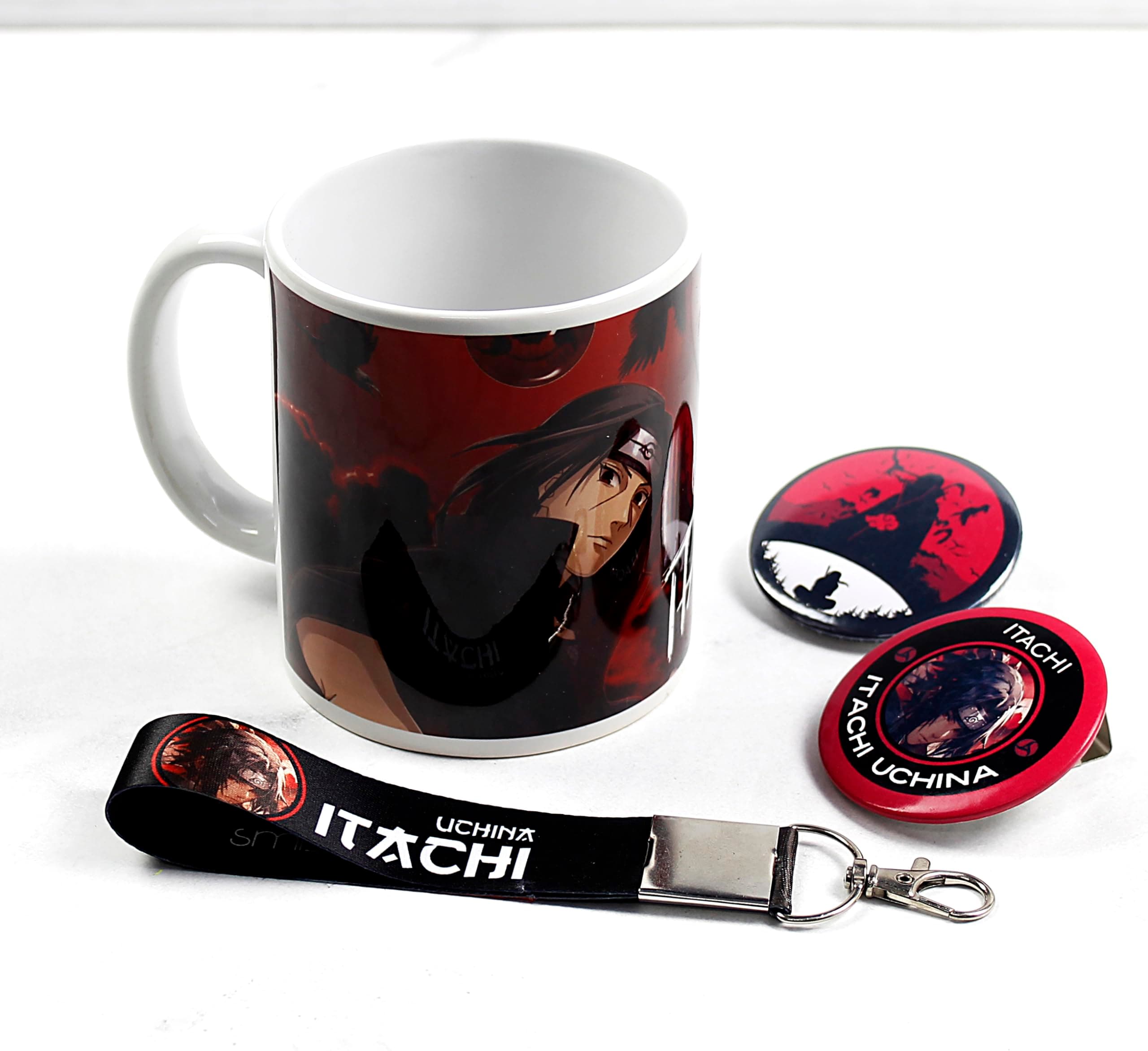 SMIZE Itachi Uchiha Anime Set: Printed Coffee Mug, Keychain, Two Badges - White Ceramic Milk Mug, 350 ml for Gifting and Present for Anime Lover