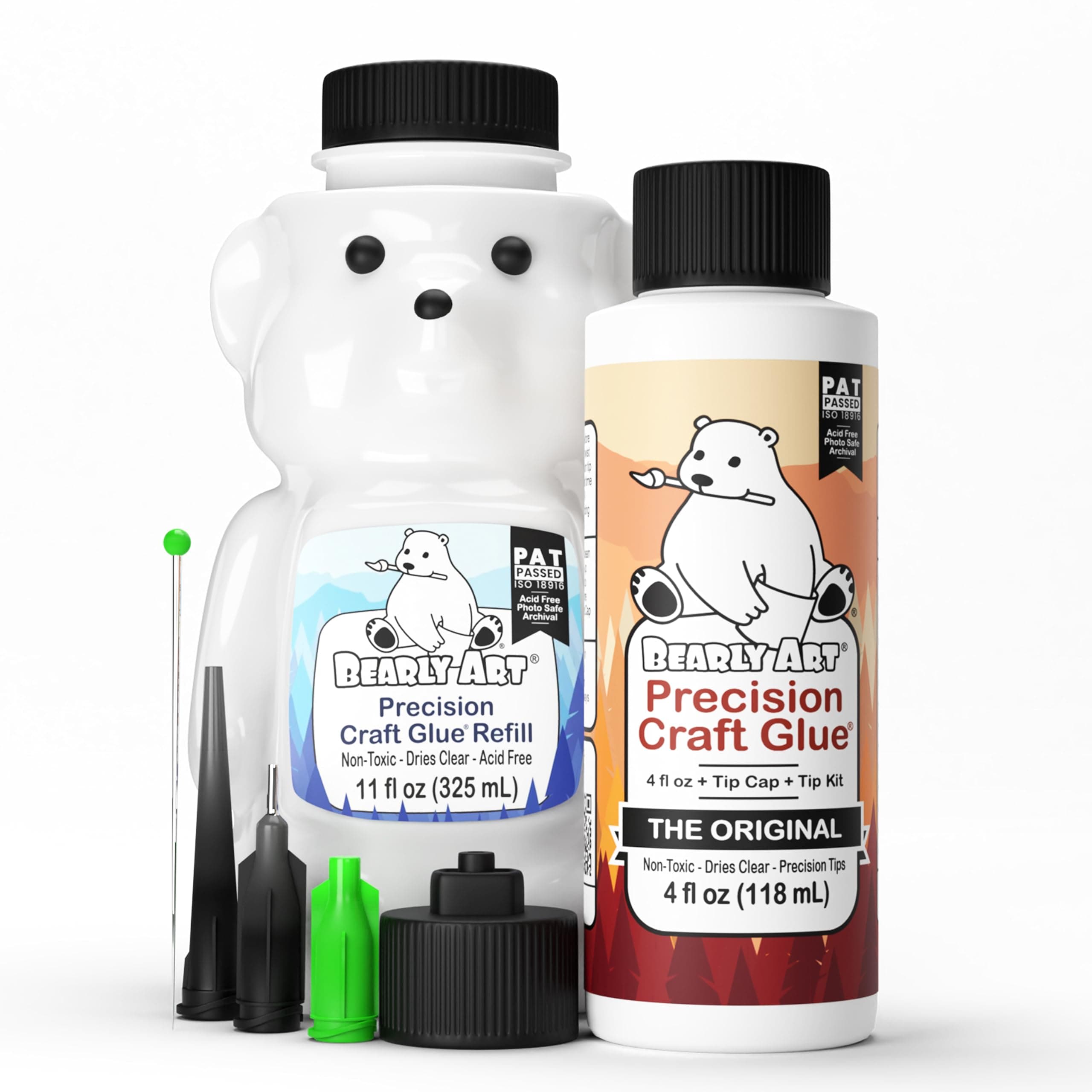Bearly Art Precision Craft Glue -The Bundle - 4fl oz and 11fl oz Refill Bear - Tip Kit Included - Non-Toxic - Wrinkle Resistant - Flexible and Crack Resistant - Strong Hold Adhesive -