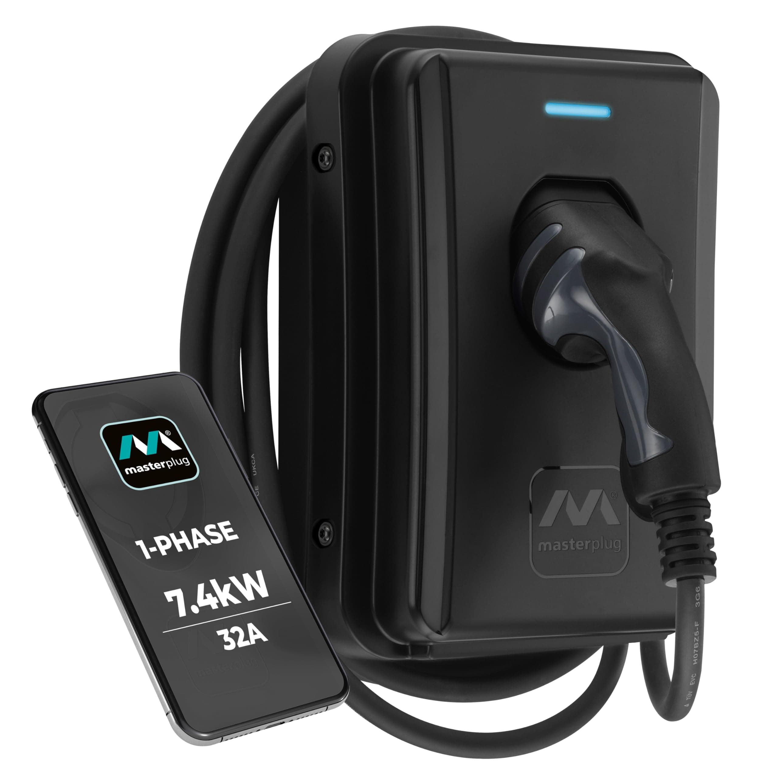 Masterplug Smart EV Home Wall Charger for Type 2 Electric and Plug-In Hybrid Vehicles, Tethered with 5m Cable, Mode 3, App Control, Solar Charging, Single Phase, Black, IP55, 7.4kW, 32A, EVCM3ST7B-MP
