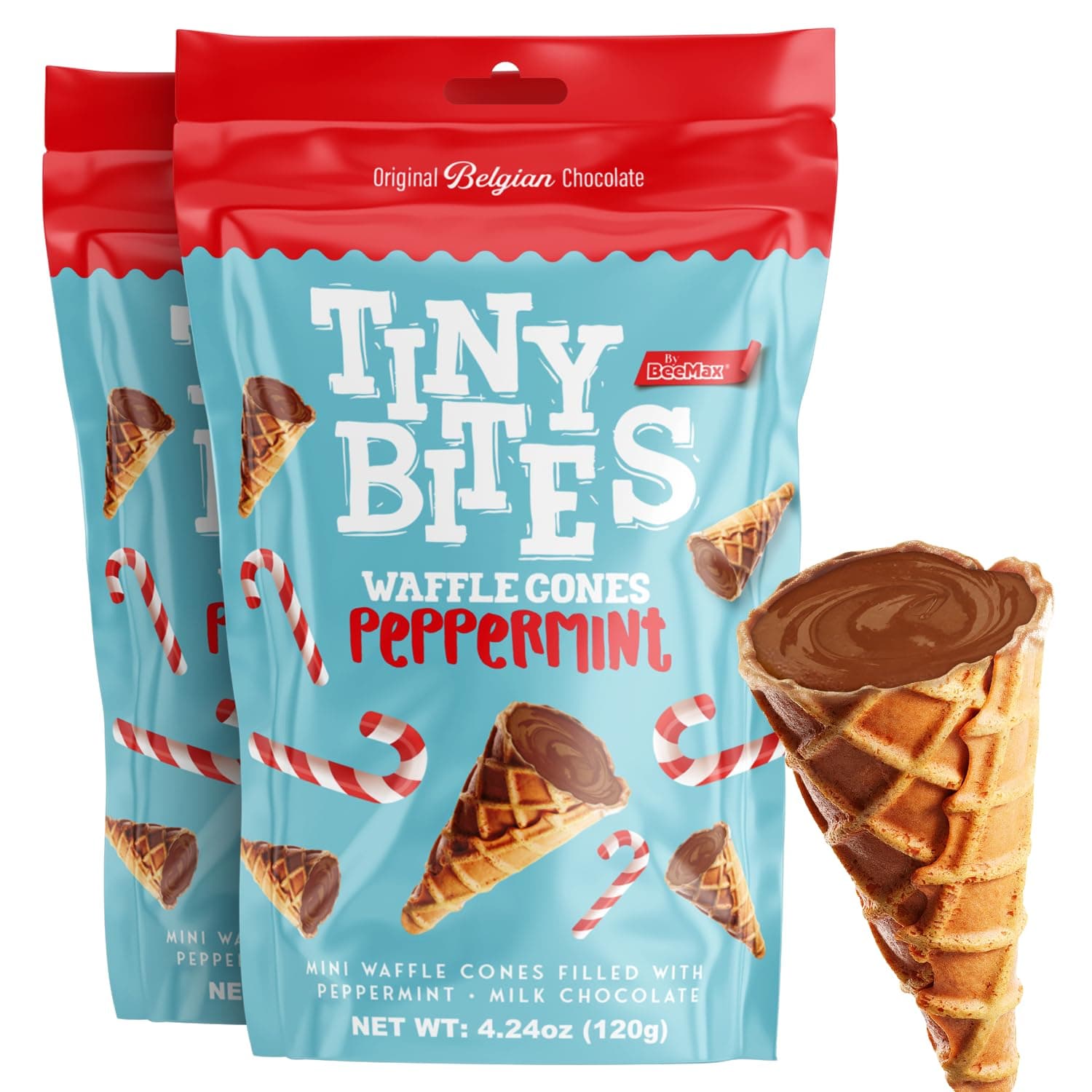 BEEMAX Tiny Bites Peppermint Mini Waffle Cones, Perfect Blend of Crispy Golden & Belgian Milk Chocolate Bliss, Bite-Size Snack for Dessert or Ice Cream Toppings, 4.24 oz Bag, 2-Pack