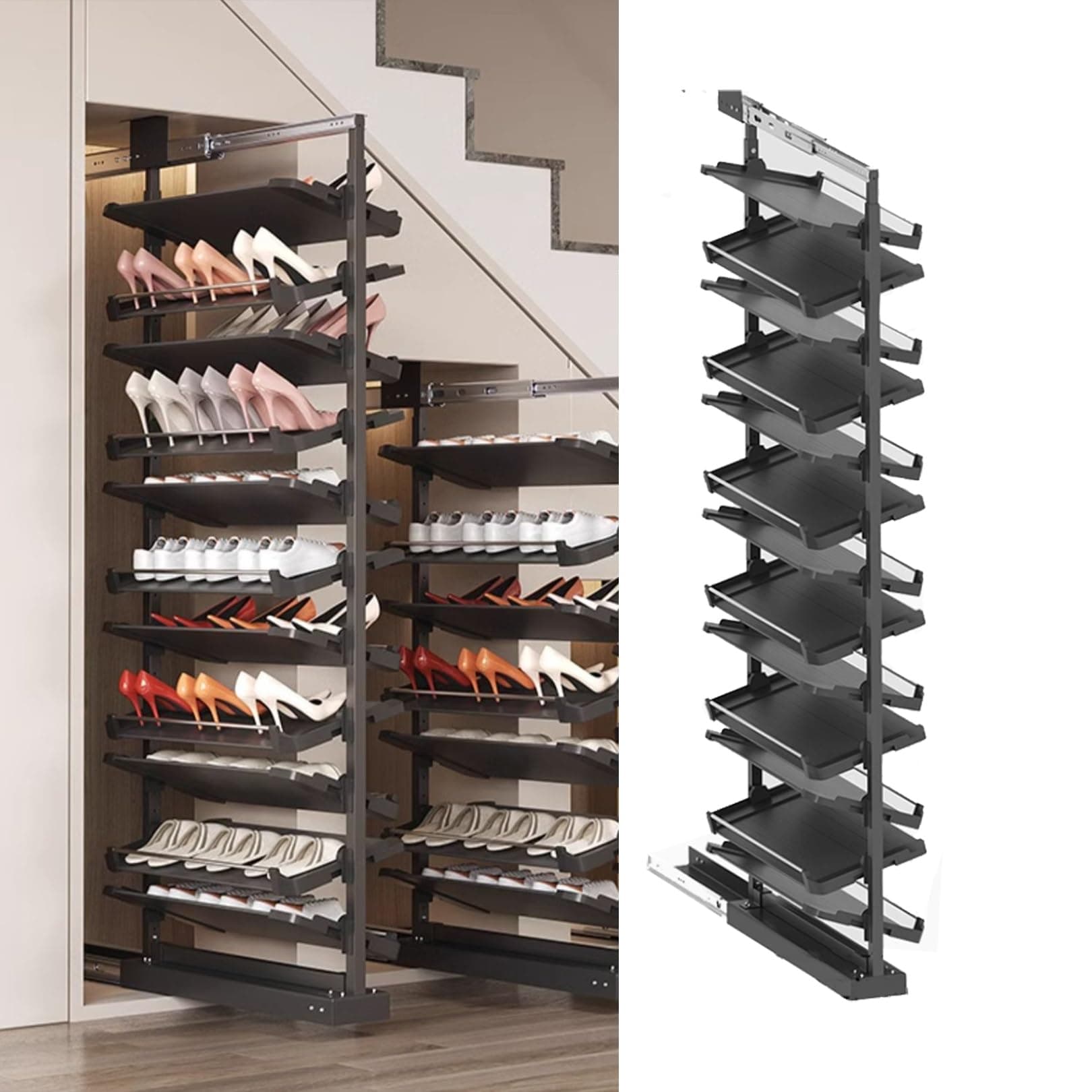 Pull-Out Shoe Rack Organizer for Closet Shoe Cabinet,Adjustable Height Retractable Metal Stackable Shoe Rack, Vertical Shelf Organizer for Small Bedroom Closet, Space Saving Storage, Black(58cm,13 Tie