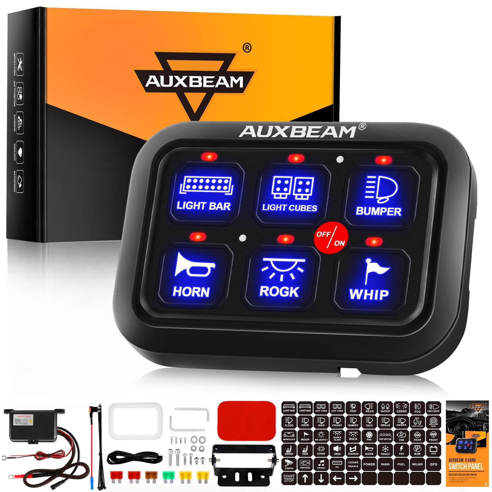 Auxbeam 6 Gang Switch Panel, Universal Circuit Control Relay System Box with Automatic Dimmable On-Off LED Switch Pod Touch Switch Box for Car Pickup Truck Boat UTV SUV （Blue）