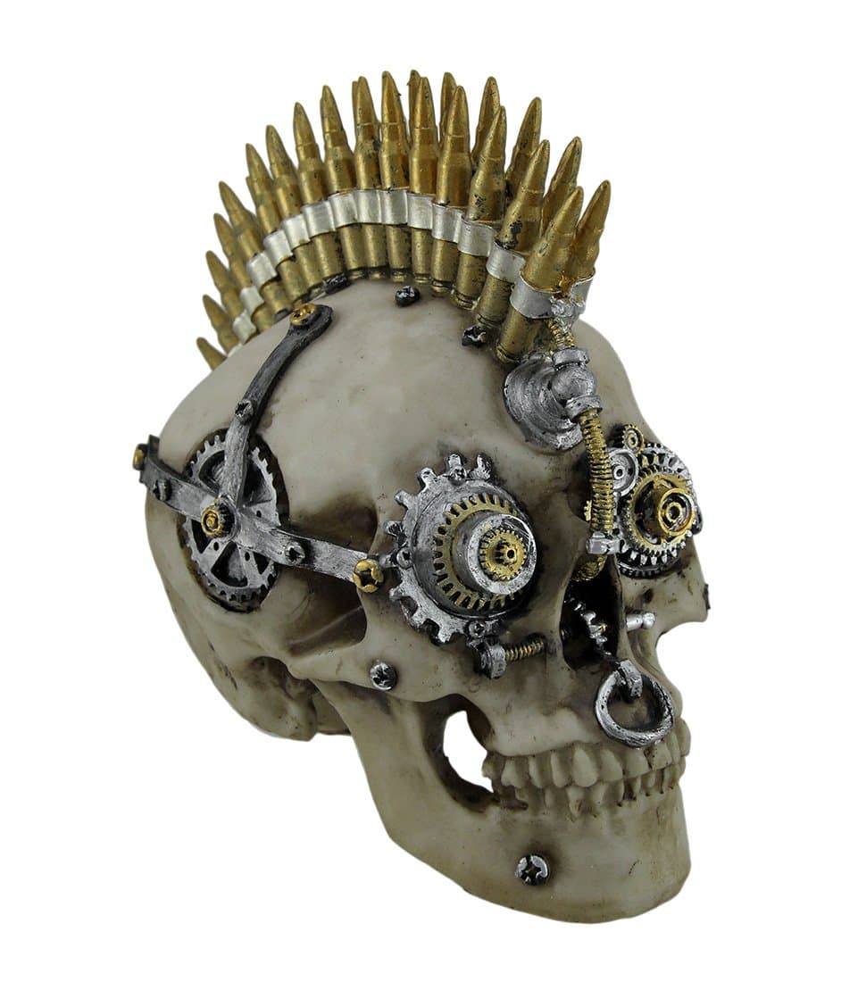 Zeckos Steampunk Rock Bullet Mohawk Skull Statue