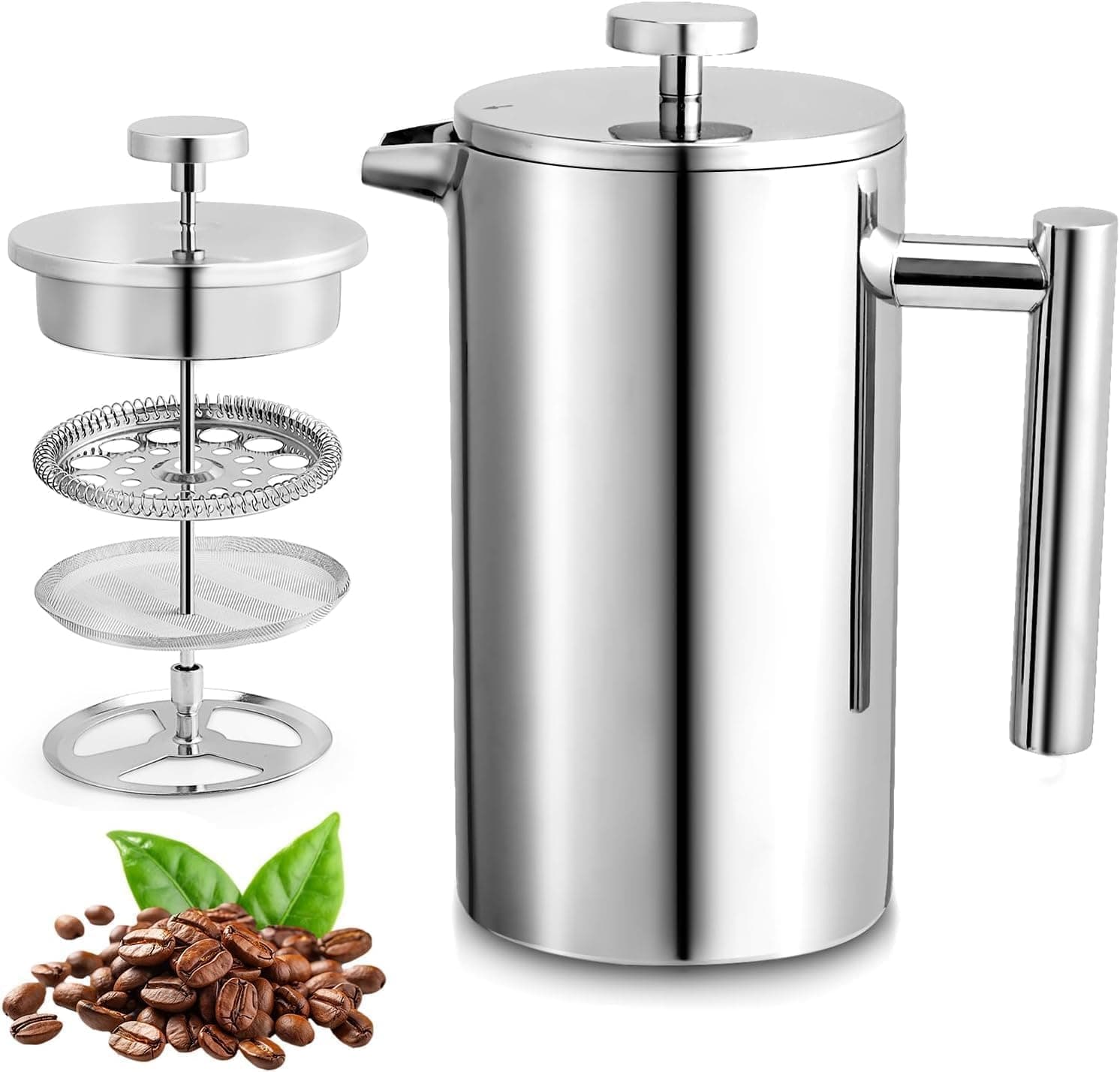 Small French Press Coffee Maker,12OZ/350ML Stainless Steel Insulated Coffee Press,Stainless Steel French Press with 2 Fliters 0.35 Liter (12oz, Sliver)