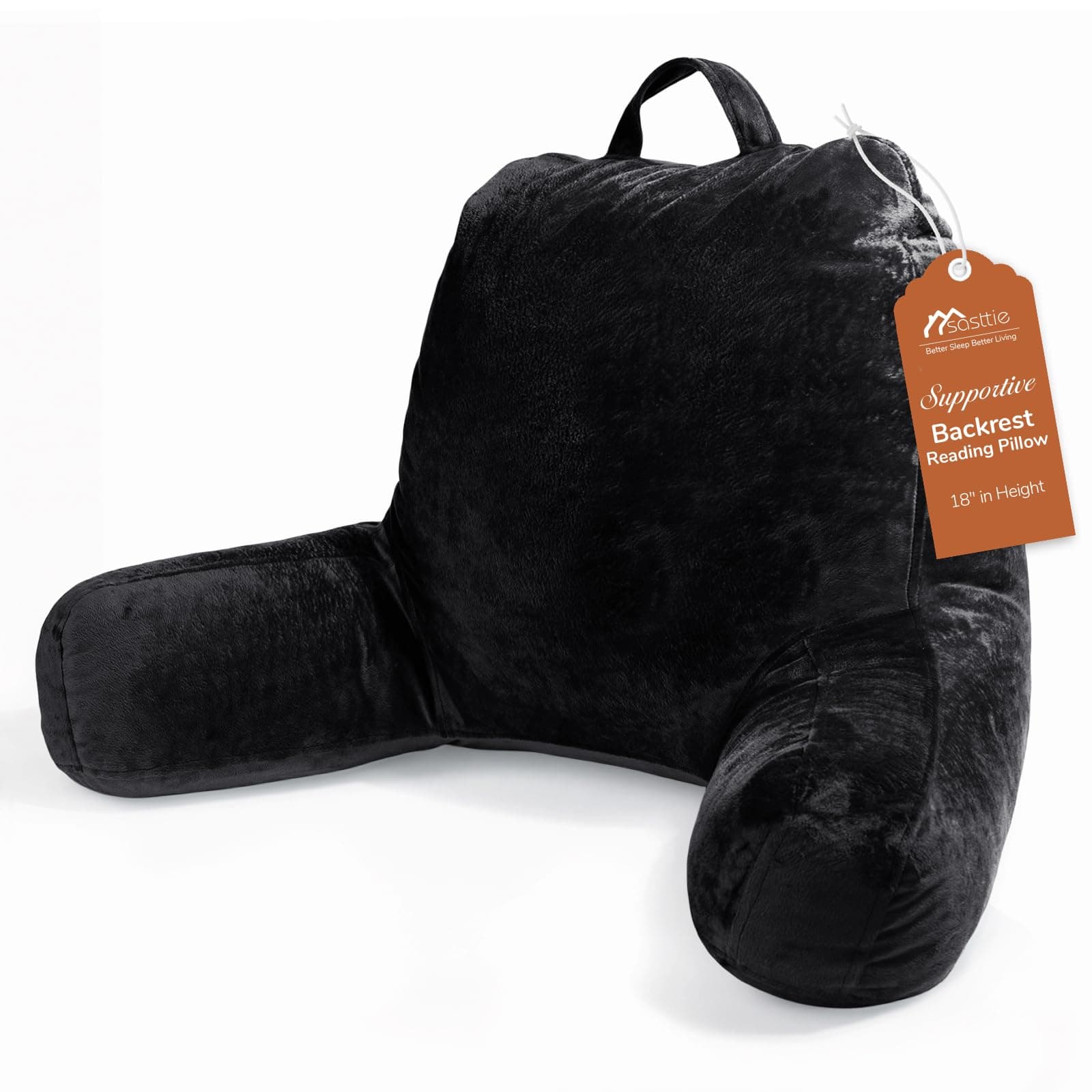 Sasttie Reading Pillow, Velvet Back Pillow for Bed Sitting Up, Adult Back-Rest Support Cushion with Arms for Sit Up on Couch, Sofa, and Floor, Dorm Essentials, Reading Accessories, Black