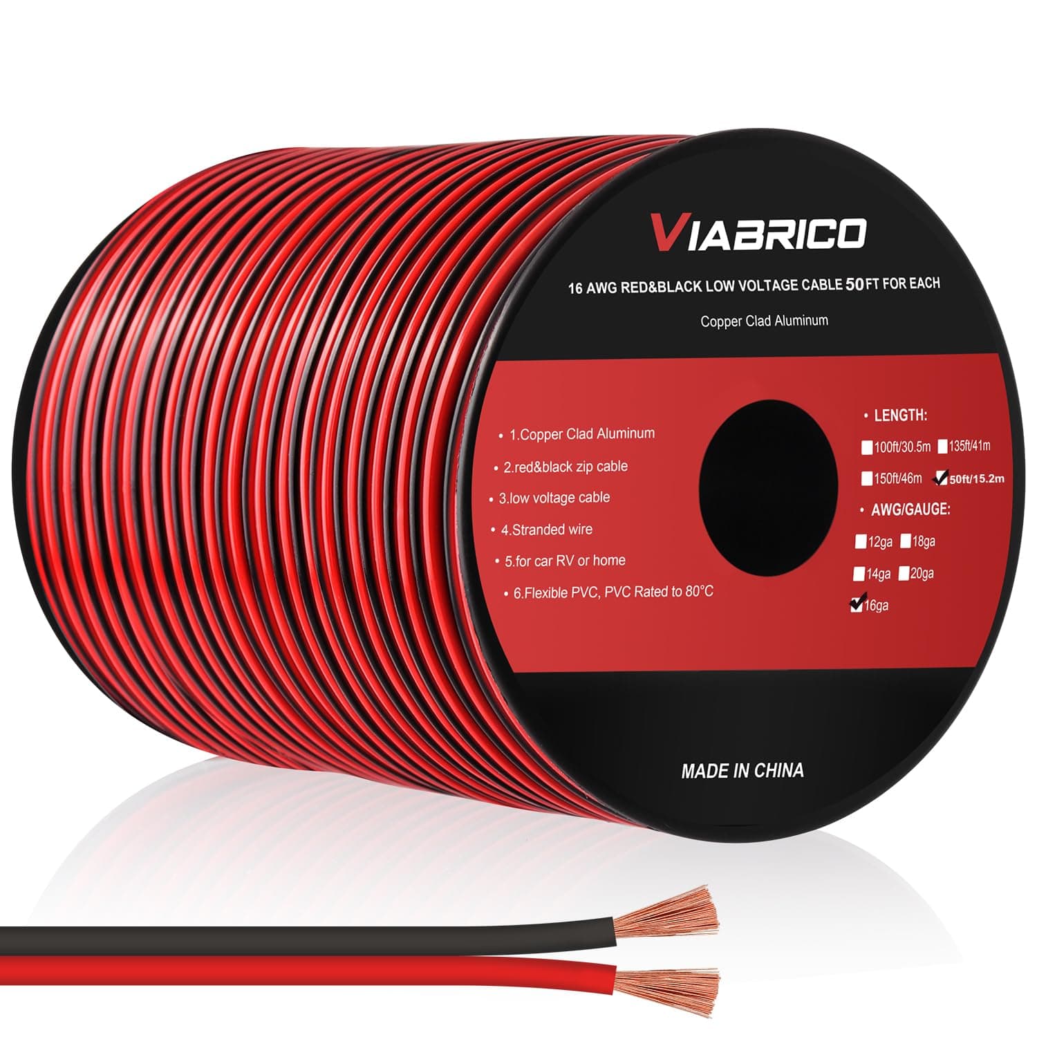 16AWG 50FT Electrical Wire Cable 2 Conductors Red Black Cable Hookup LED Lighting Strips Flexible Wire Extension Cord 12 Gauge Copper Clad Aluminum Copper Wire 12V/24V DC Cable