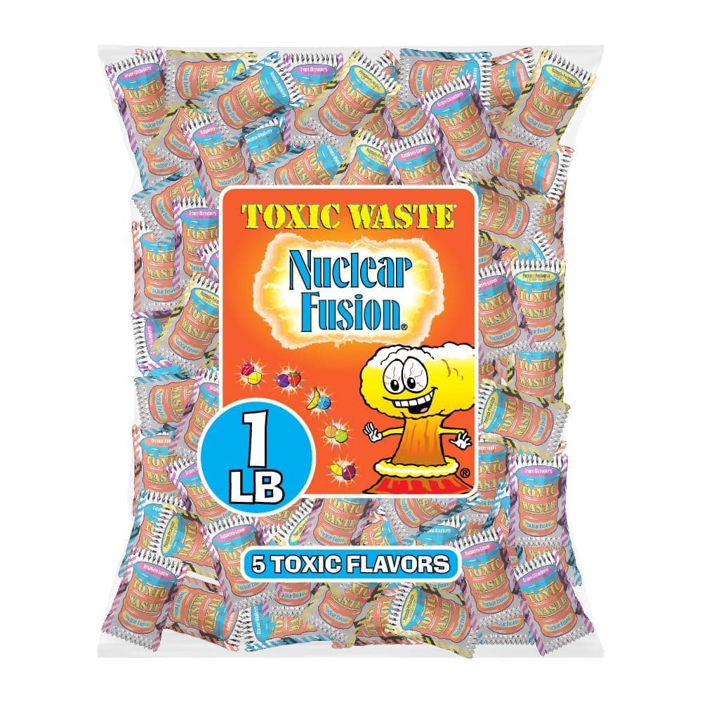 Nuclear Fusion Hazardously Sour Candy - Raspberry-Lemon, Pineapple-Passionfruit, Grape-Strawberry, Banana-Blueberry, & Orange-Apple Flavors - 1 lb. Bag