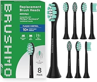 Plaque Control Replacement Toothbrush Heads, Compatible with Philips Sonicare Click-on Electric Toothbrush Handles, 8 Standard Replacement Heads, SoftDuPont Bristles, BM928bk, Black