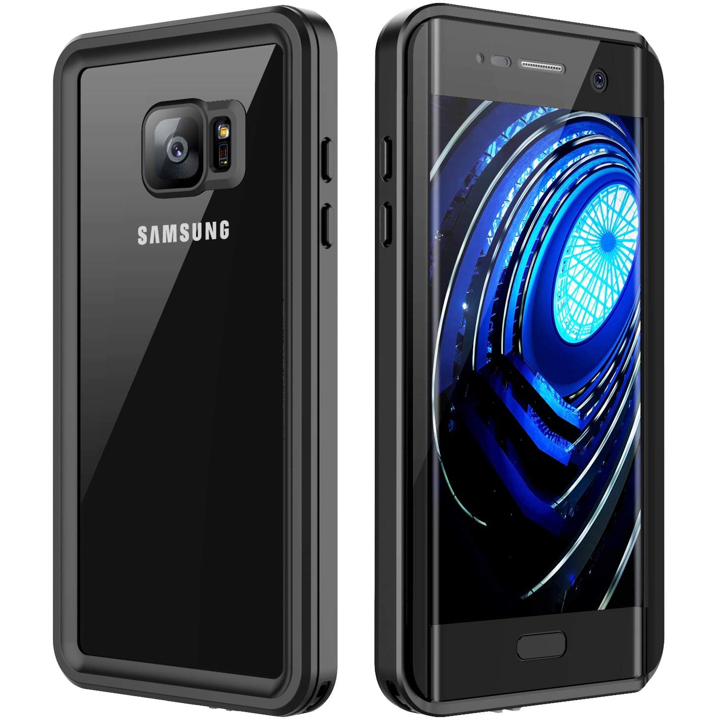 Lanwow S7 Edge Waterproof Case Support Wireless Charging Built in Curved Screen Protector Rugged Shockproof Transparent Cover Waterproof Case for Samsung Galaxy S7 Edge (5.5inch)—Classic Black