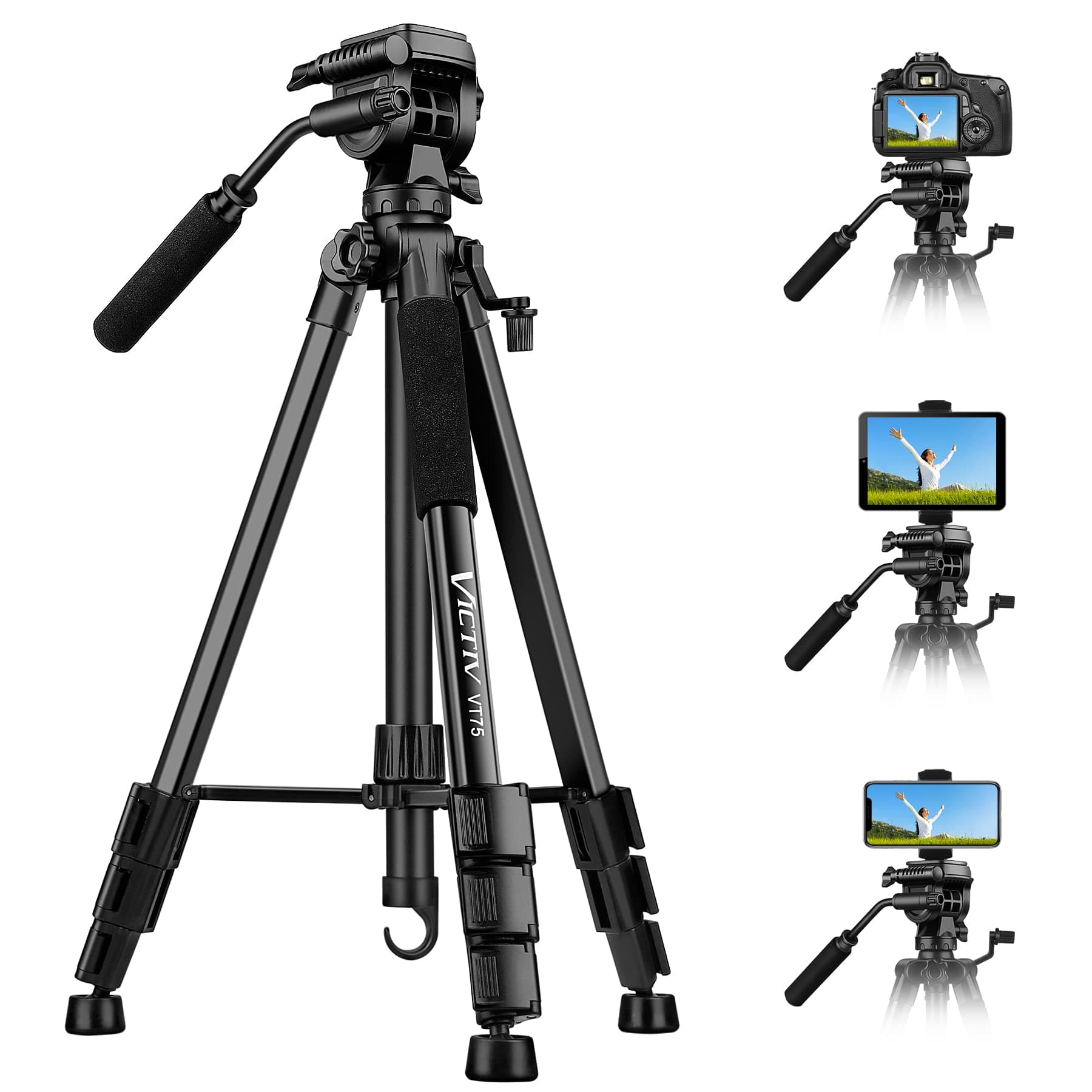 73" Tripod for Camera with Fluid Head - Heavy Duty Stand for DSLR, Cell Phones, Spotting Scopes & Webcam - Complete Unit with Tablet & Phone Mount