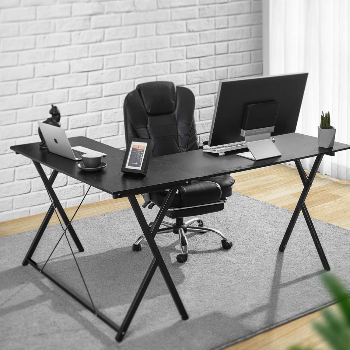 AOOU Computer Desk L-Shaped Desk, PC Monitors Home Office Desk, Corner Table with Simple Modern Design for Easy Assembling, Shiny Surface Scratch Resistant Tabletop, Modern Black