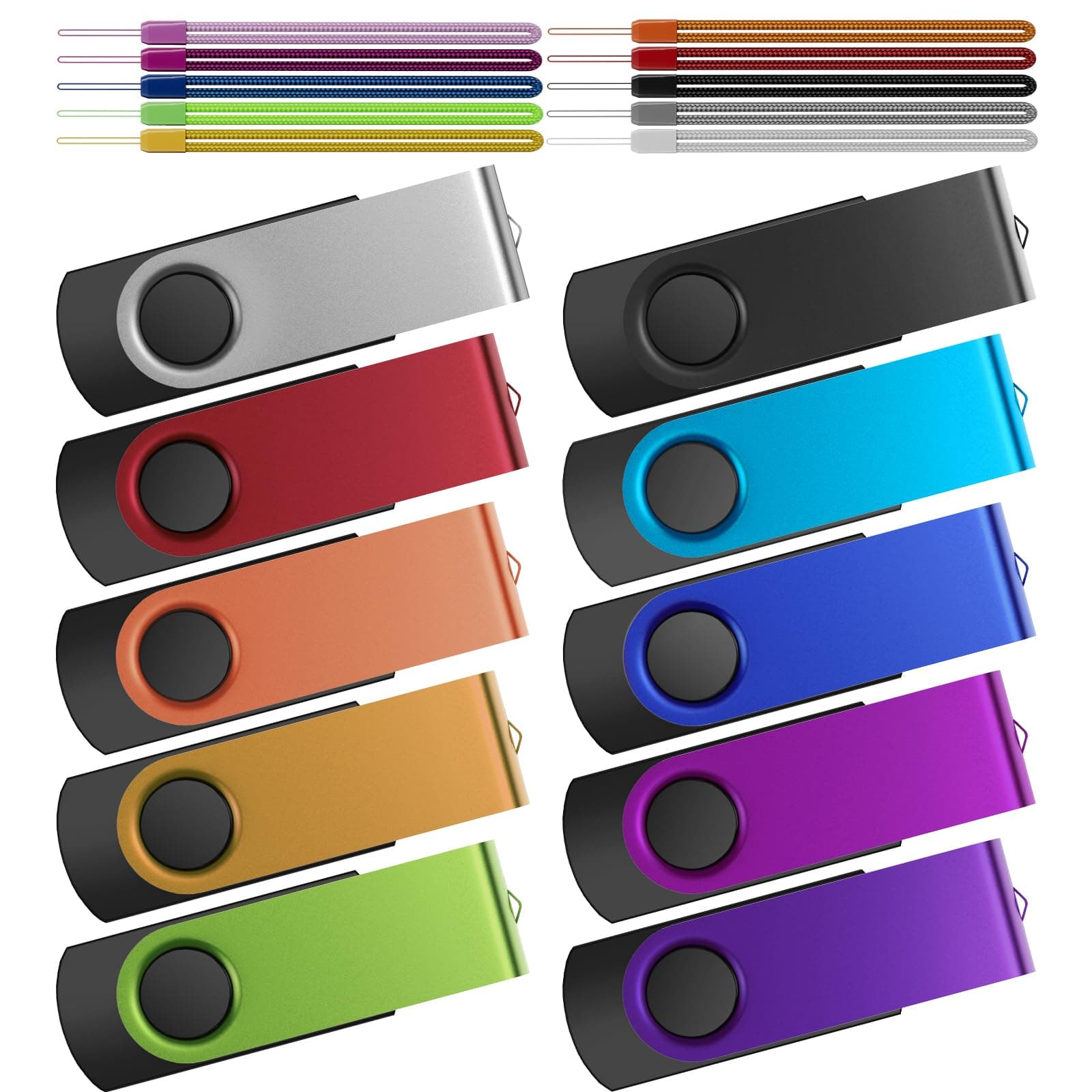 - 8GB Flash Drive 10 Pack Thumb Drives Bulk, Multipack Zip Drive 8 GB USB Memory Sticks Metal Swivel Pen Drive, Portable Jump Drive Value Multicoloured Pendrives with 10pcs Ropes