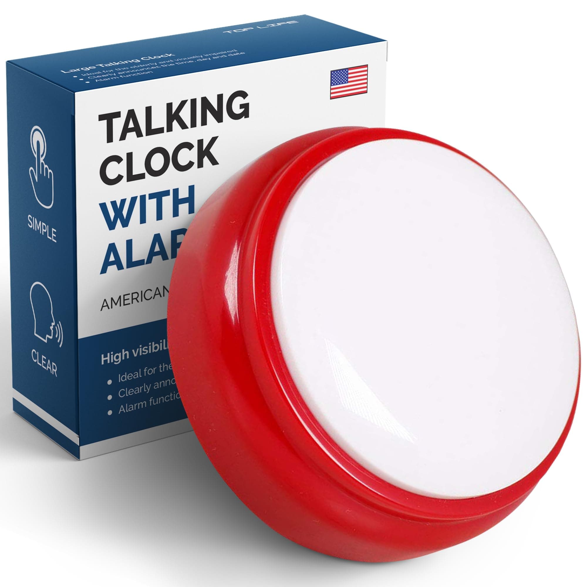 Top Life Talking Clock for the Elderly, Blind - Proper English Grammar, Neutral American Accent - Time and Date - Easy to Operate Speaking Alarm Device