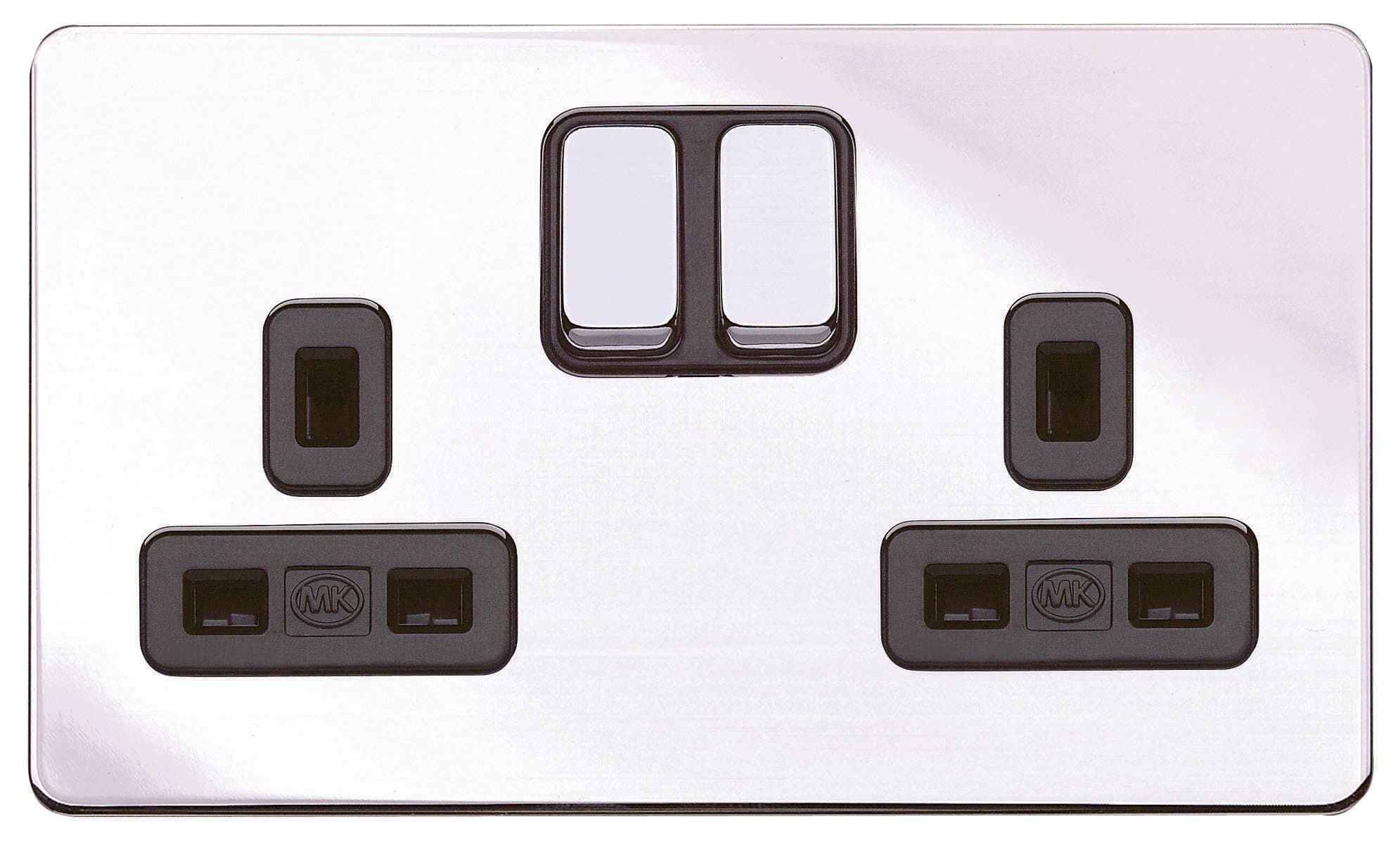 MK Aspect K24347 POC B Double Switched Socket, 2 Gang, Polished Chrome,13A, Double Pole