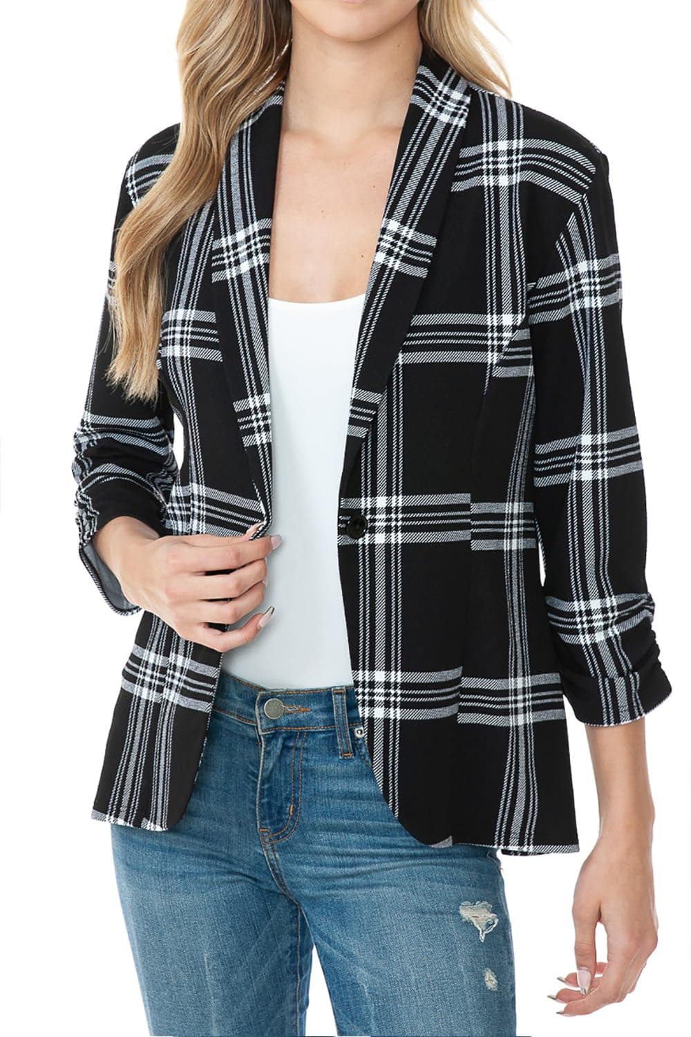 Women's 3/4 Ruched Sleeve Lightweight Work Office Blazer Jacket (S-3XL)