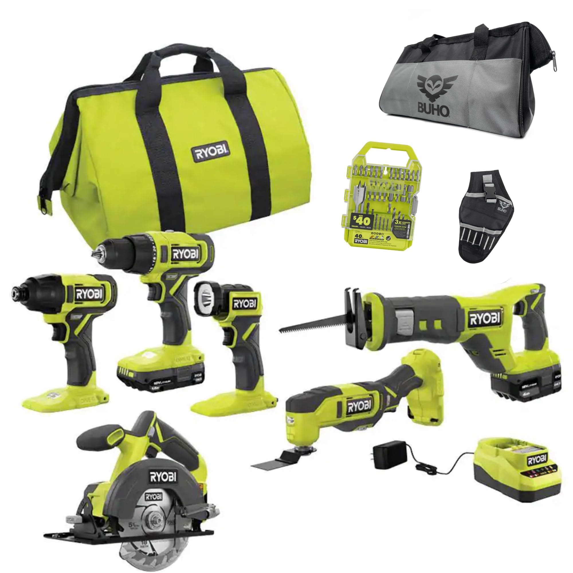 6 Power Tools Combo Kit Bundle with Buho Tool Bag, and Holster, 6 Ryobi Tools, 2 Batteries, Charger, and 40 Piece Drill Bit Set