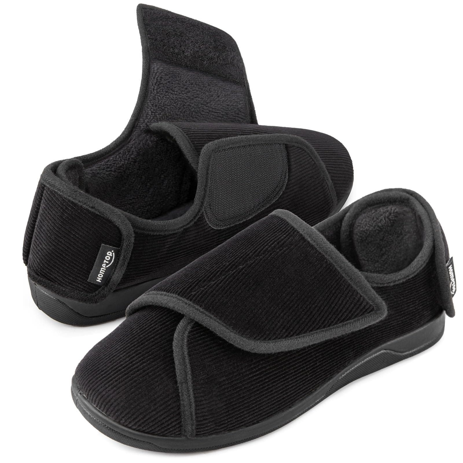 Men's Corduroy Slippers Comfy Adjustable Hook and Loop Memory Foam Wide Indoor House Shoes