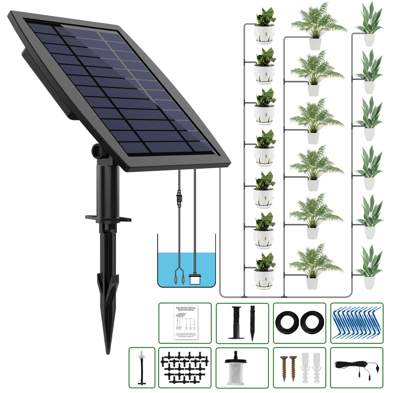 JIYANG Solar Automatic Drip Irrigation Kit System, Solar Powered Auto Easy DIY Watering Device Supported Pots Plants, 12 Timing Modes with Anti-Siphoning Device (Supported 20-30 Pots, 12Timing Modes)
