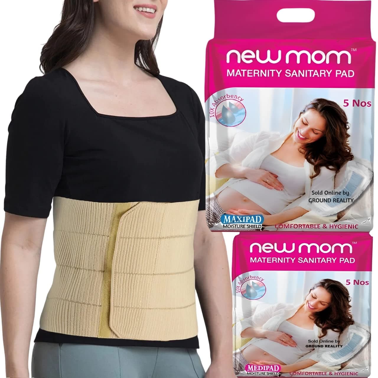 LADY HAWK (11 Set) Pregnancy Kit Value Pack. 5 New Mom Maxi Maternity Pads 850ml + 5 Medi Pads 450ml + 1 Sego Elastic Abdominal Belt Corset 4 Panel with Vertical Adjustments for Women after delivery