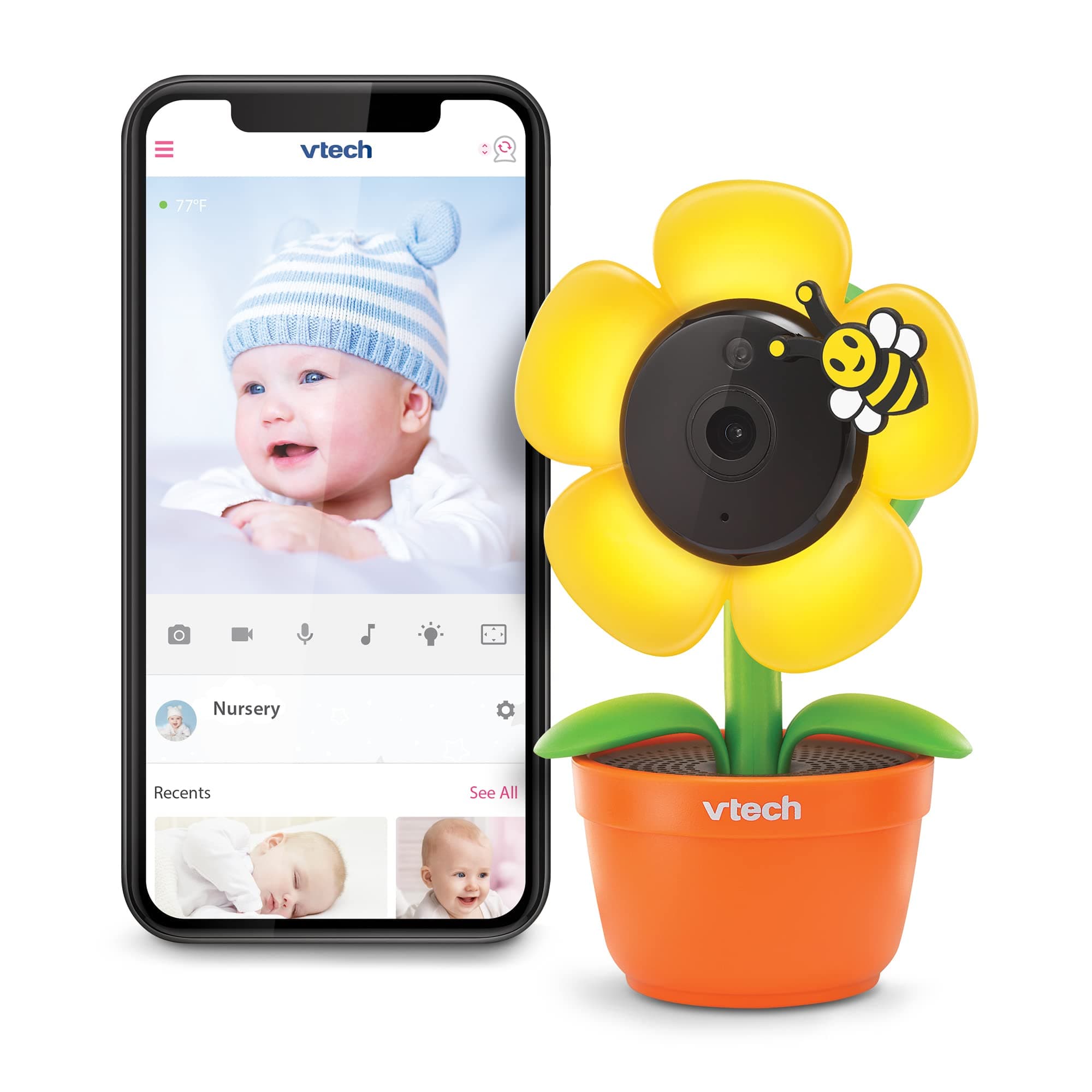 RM9751 Yellow Daisy Smart Wi-Fi Baby Camera, iOS & Android Enabled, 1080p Full HD, Privacy Mode Cover, Night Light, Soothing Sounds & Lullabies, Two-way Intercom,Temperature Sensor, Night Vision