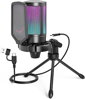 FIFINE Gaming USB Microphone for PC PS5, RGB Condenser Microphone with Tap-to-Mute Button, Shock Mount, Pop Filter, Gain Control for Streaming Podcast Discord Twitch- AmpliGame