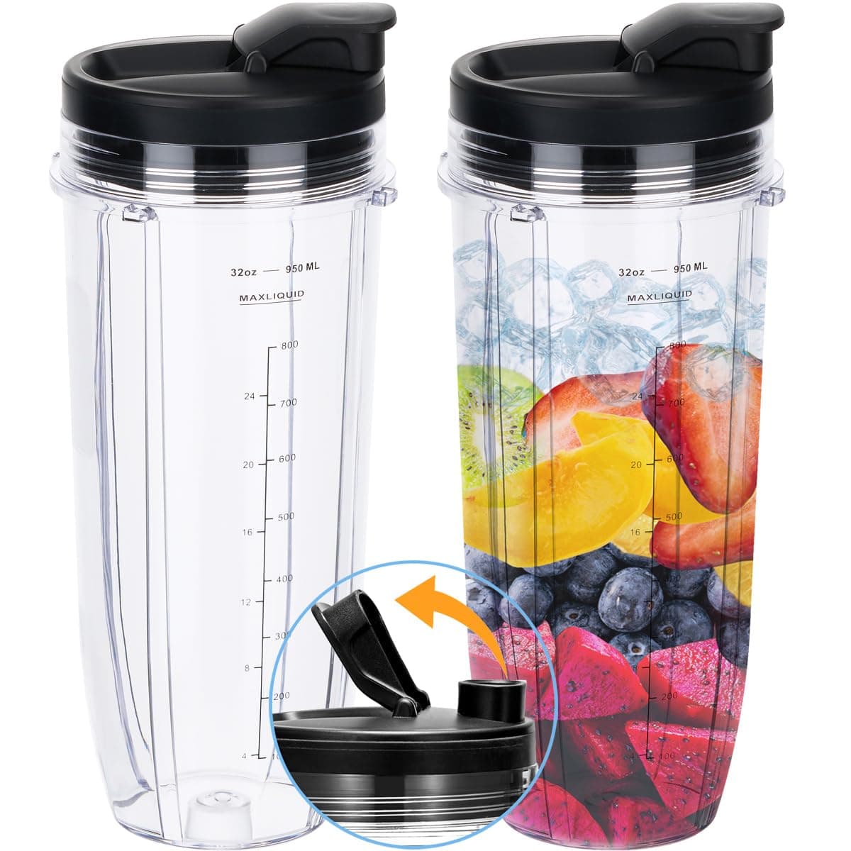 Replacement 32oz Nutri Ninja Blender Cup with Sip & Seal Lid For BL450 BL454 Bl455 BL456 BL480 BL481 BL482 BL490 BL640 BL642 BL682 SS101 SS401 SS351 Nutri Ninja Auto IQ Series Blenders, 2-Pack …