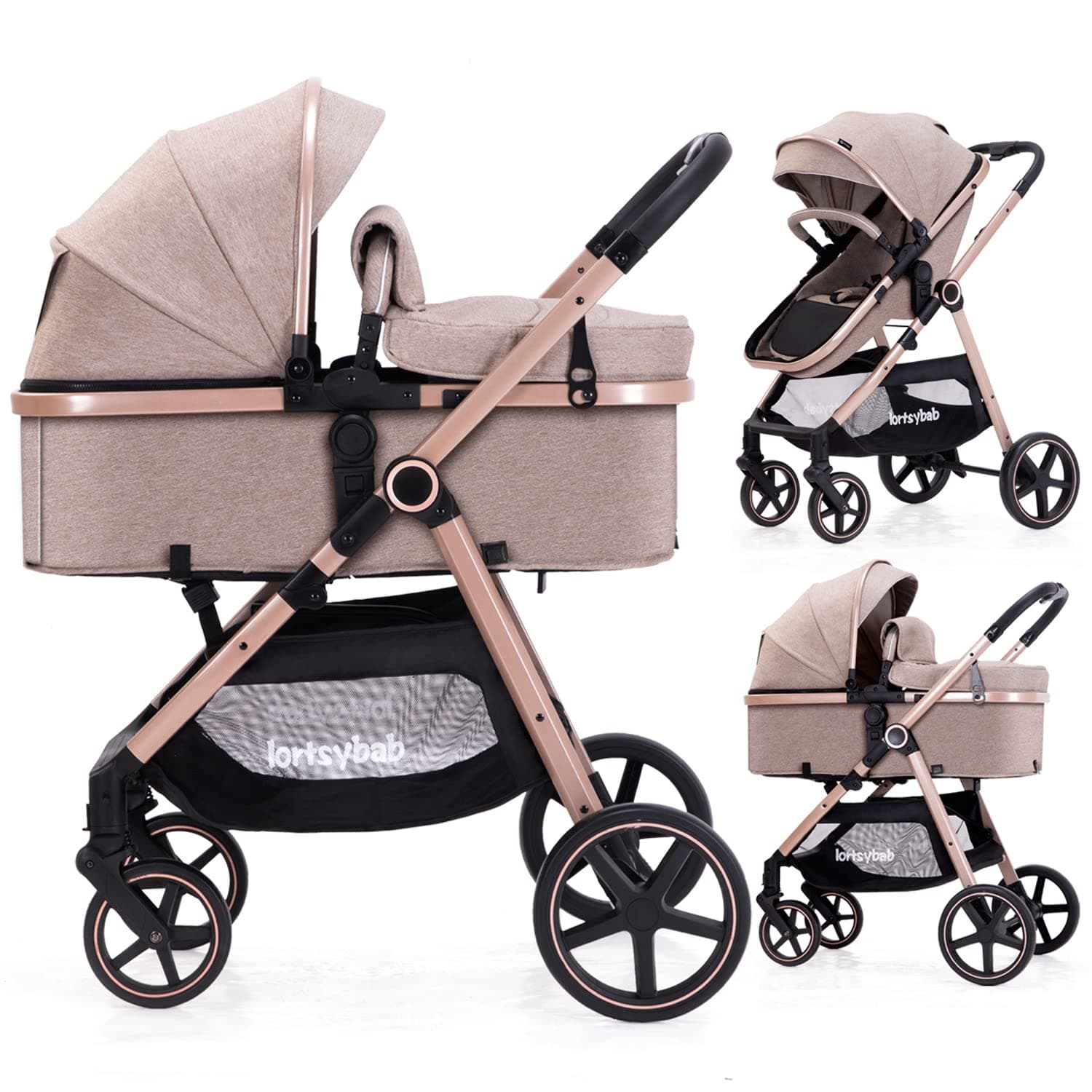 2-in-1 Baby Stroller - Folding Infant Newborn Pram Stroller with Reversible Seat - Toddler Strollers for 0-36 Months Old Babies (Beige)