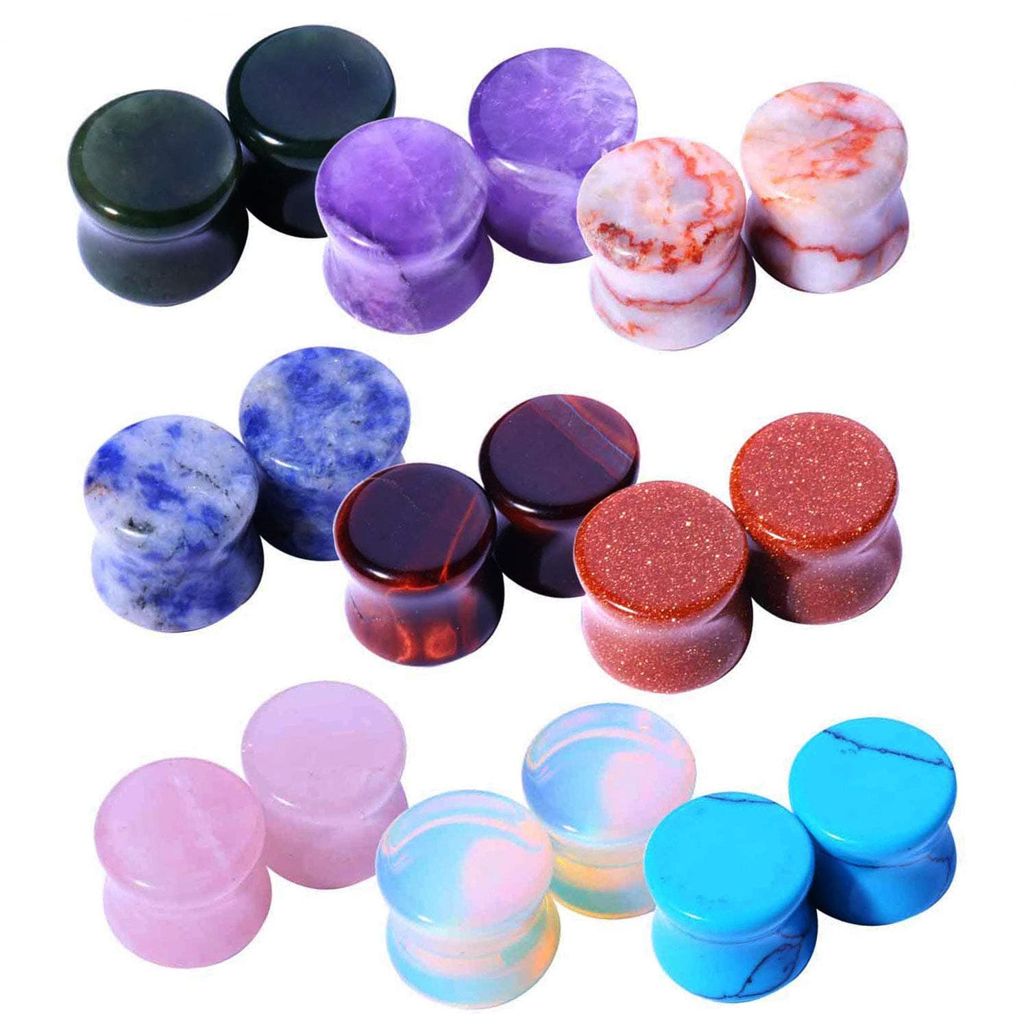 - 18PC Body Piercing Stone Plugs - Ear Stretching Kit - Beginners 8G-00G, Big Gauges 11mm-24mm (1 Inch) - Saddle Double Flared Tunnels Expander Earrings - Men Women Unisex Jewelry