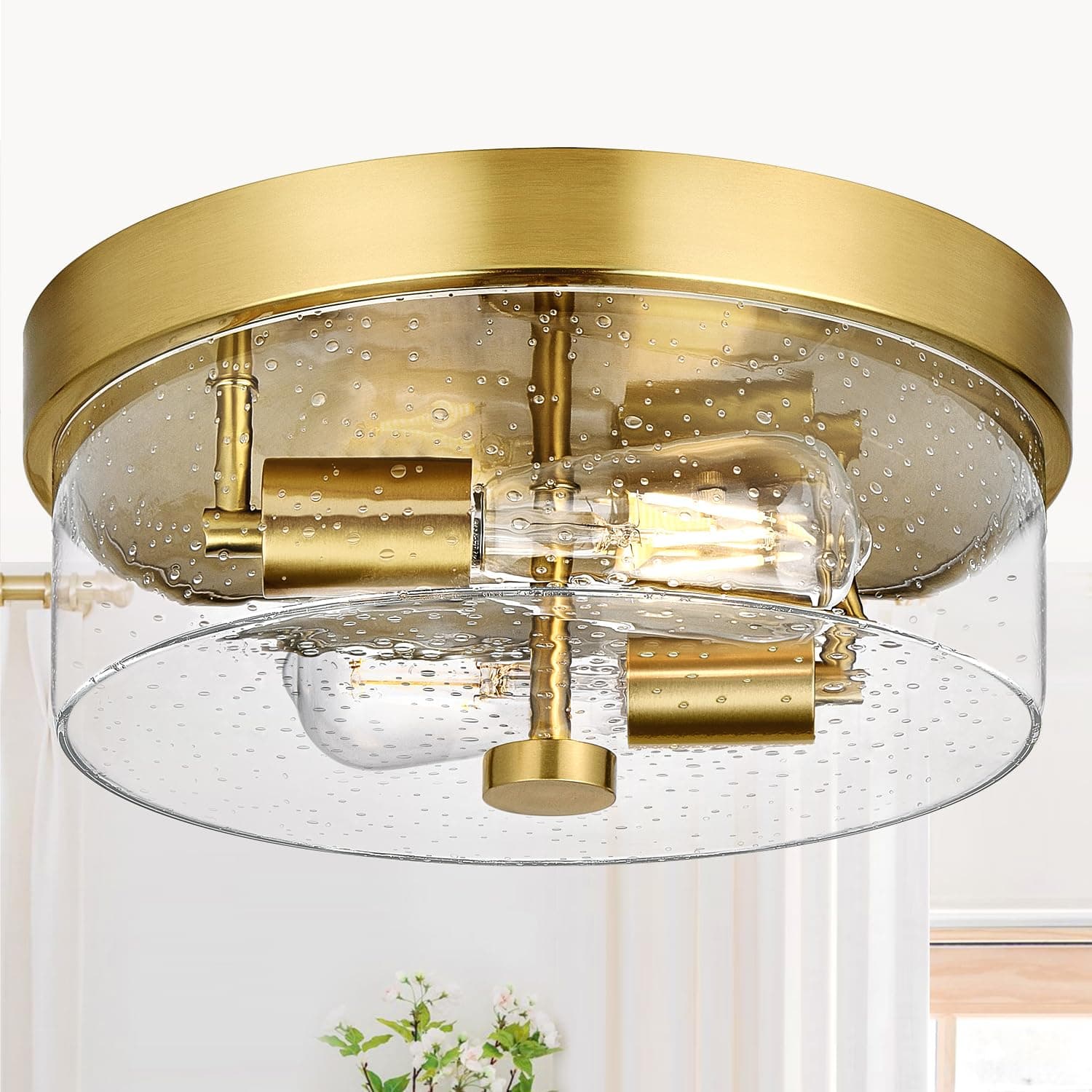 Flush Mount Ceiling Light Fixtures, 2-Light Gold Ceiling Mount for Farmhouse with Seeded Glass Lampshade, Industrial Flush Mount Light Fixture Farmhouse for Hallway, Kitchen, Entryway and Foyer