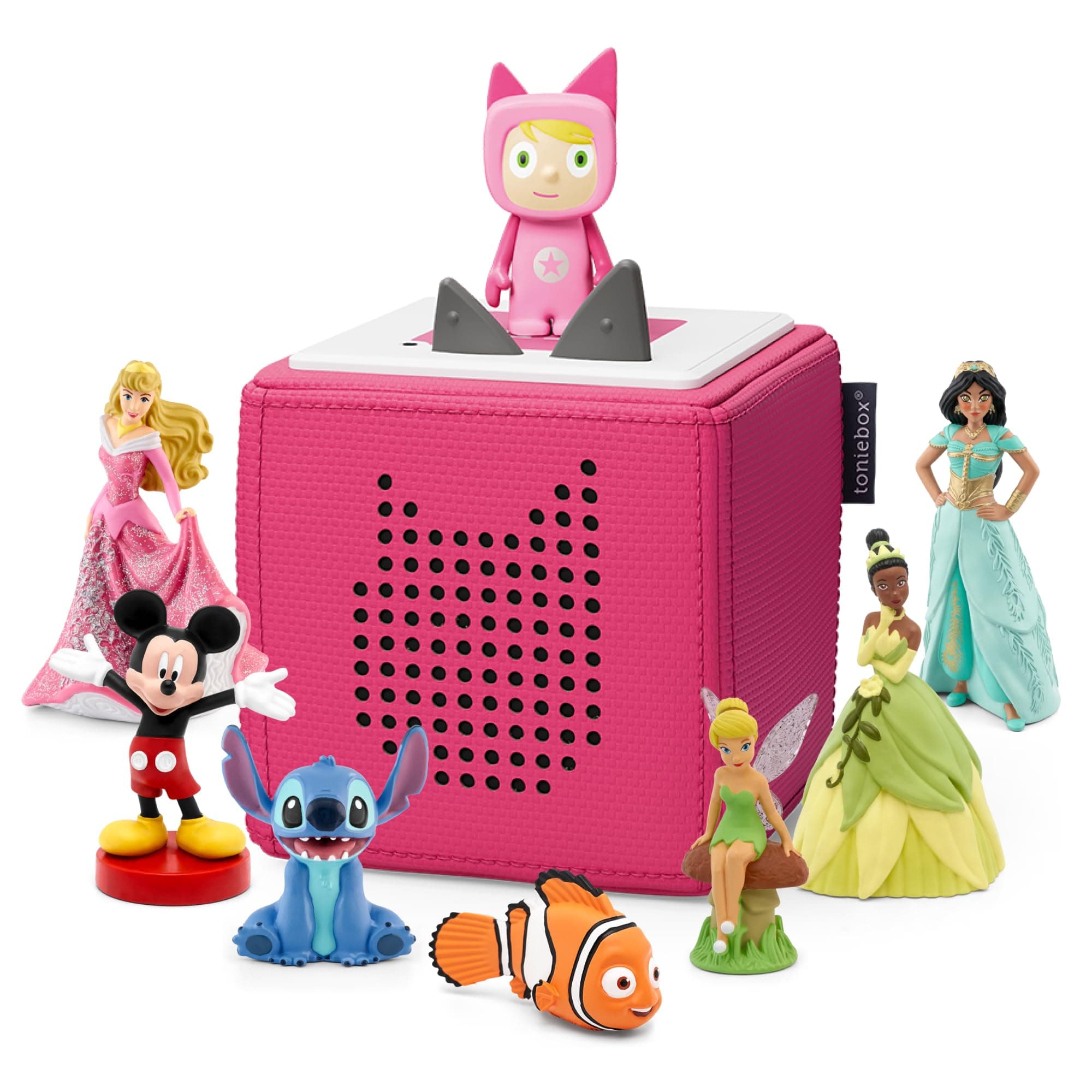 Ultimate Disney Pink Toniebox Starter Set Bundle incl. with 7 Tonie Characters, Mickey Mouse, Tinker Bell, Princess and The Frog, Jasmine, Beauty and the Beast, Finding Nemo, Lilo & Stitch