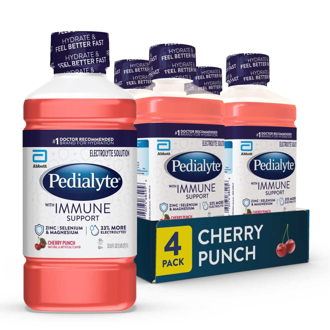 with Immune Support Electrolyte Solution, Hydration Drink with Zinc, Selenium, and Magnesium, Cherry Punch, 1 Liter, Pack of 4