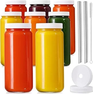 [ 8 Pack ] Glass Juicing Bottles with 2 Straws & 2 Lids w Hole- 16 OZ Travel Drinking Jars, Water Cups with White Airtight Lids, Reusable Tall Mason Jar for Juice, Bubble Tea, Smoothie, Tea, Kombucha