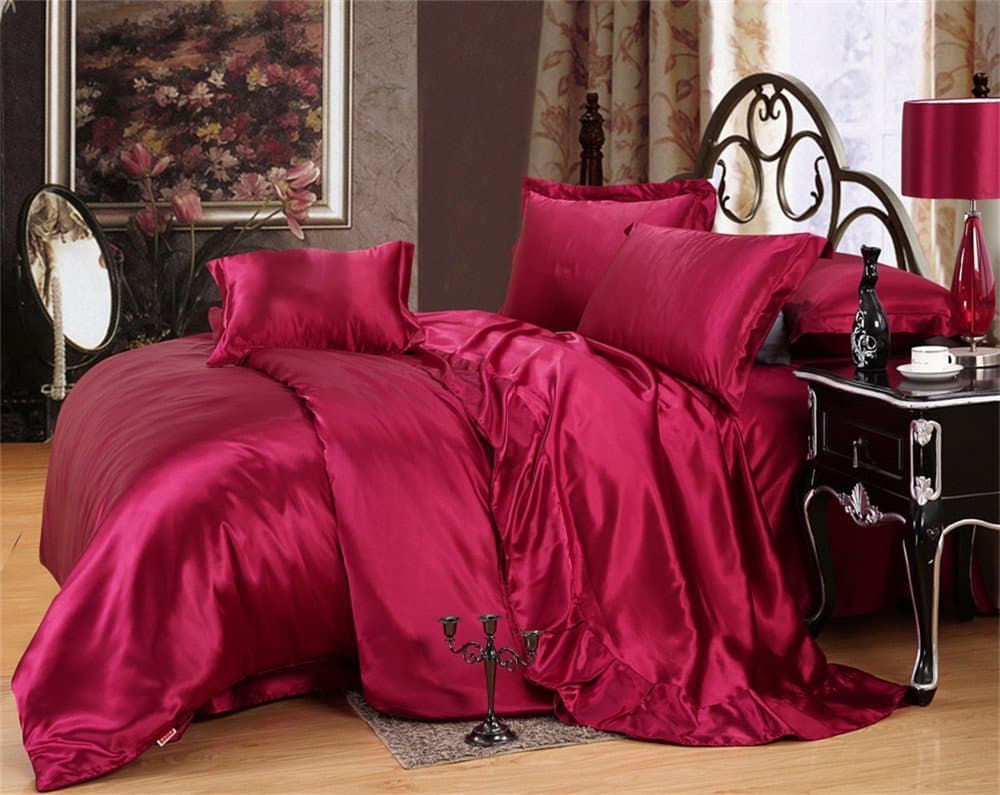 Opulence Bedding 100% Pure Silk Satin Sheet Set 4pcs, Silk Fitted Sheet 15'' Deep Pocket,Silk Flat Sheet & Pillowcases Set !!! Burgundy, Twin XL
