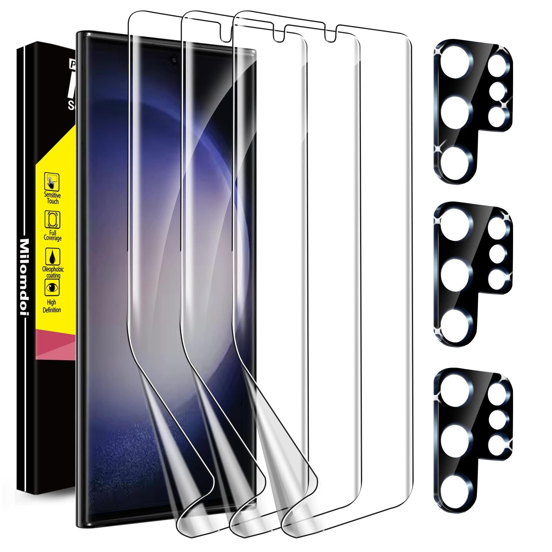 Milomdoi [3+3 Pack] for Samsung Galaxy S23 Ultra Screen Protector [Not Glass] Accessories 3 Pack TPU Film with 3 Pack Tempered Glass camera lens screen protector for Samsung S23 Ultra case friendly