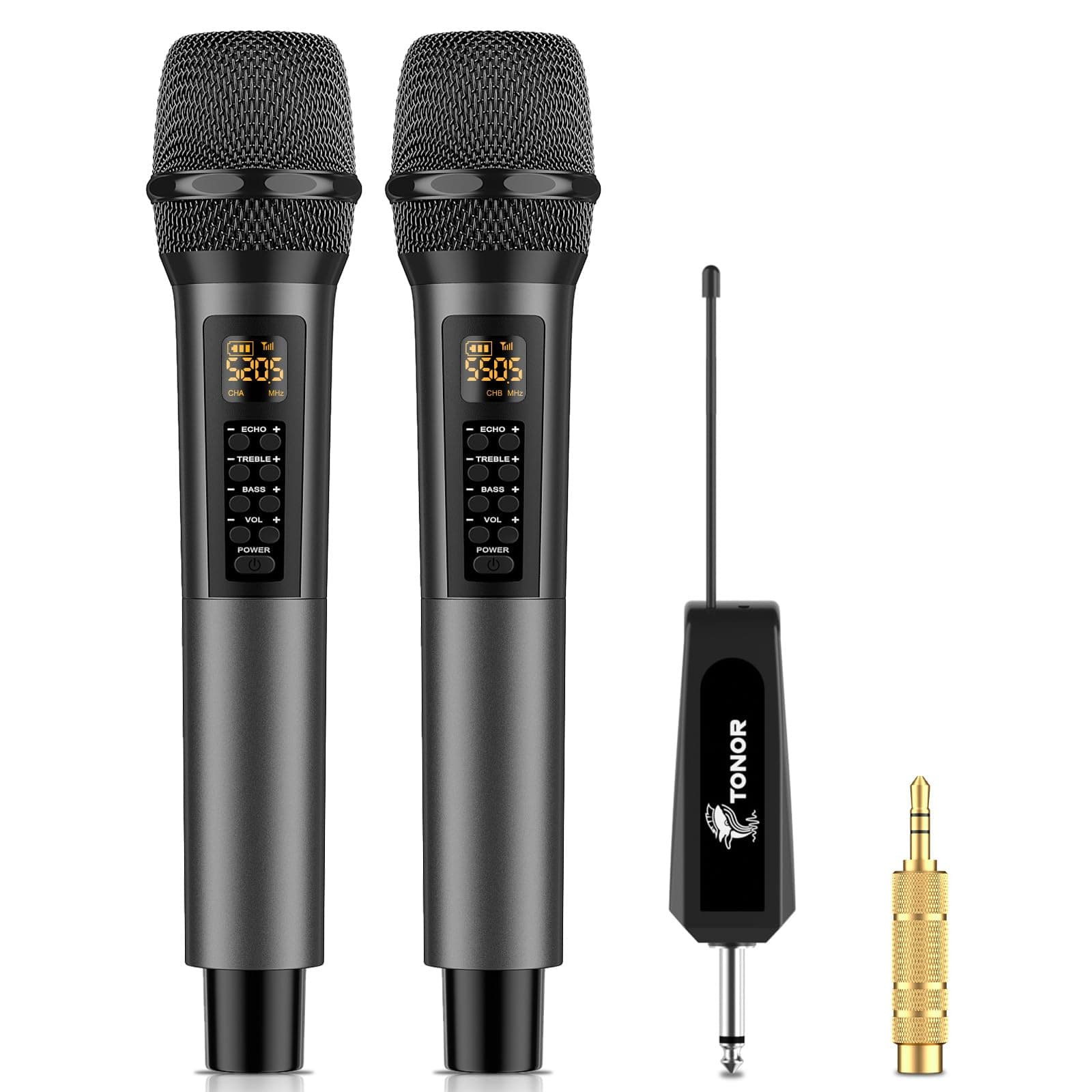 Wireless Microphone, UHF Dual Cordless Metal Dynamic Microphone System with Rechargeable Receiver, Wireless Microphone Set for Karaoke, DJ, Party, 60 m, Echo Grey, TW525