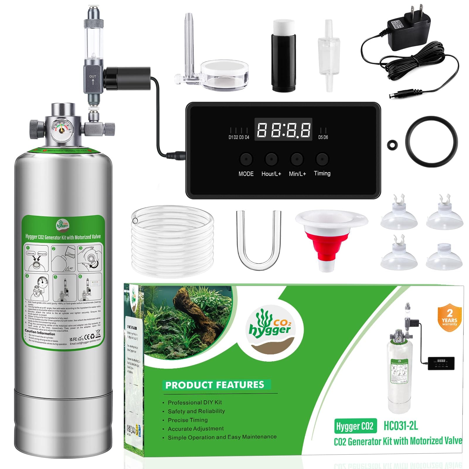 Upgraded 2L/5L Aquarium CO2 Generator System with Timer-Enabled Motor Valve, Upgrade CO2 System Kit with Quick-Release Structure for Aquarium Plants Tanks (2L)