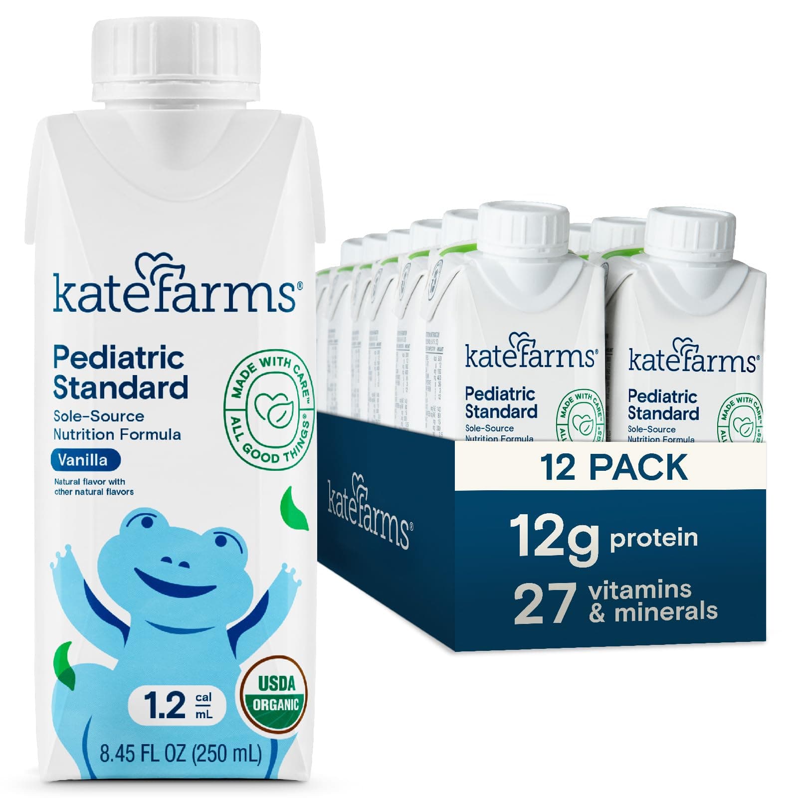 - KATE FARMS Organic Plant Based Pediatric 1.2 Sole Source Vanilla Nutrition Shake, 12g of protein, 27 Vitamins and Minerals, Meal Replacement Drink for Kids, Non-GMO, 8.45 Fl oz (Pack of 12)