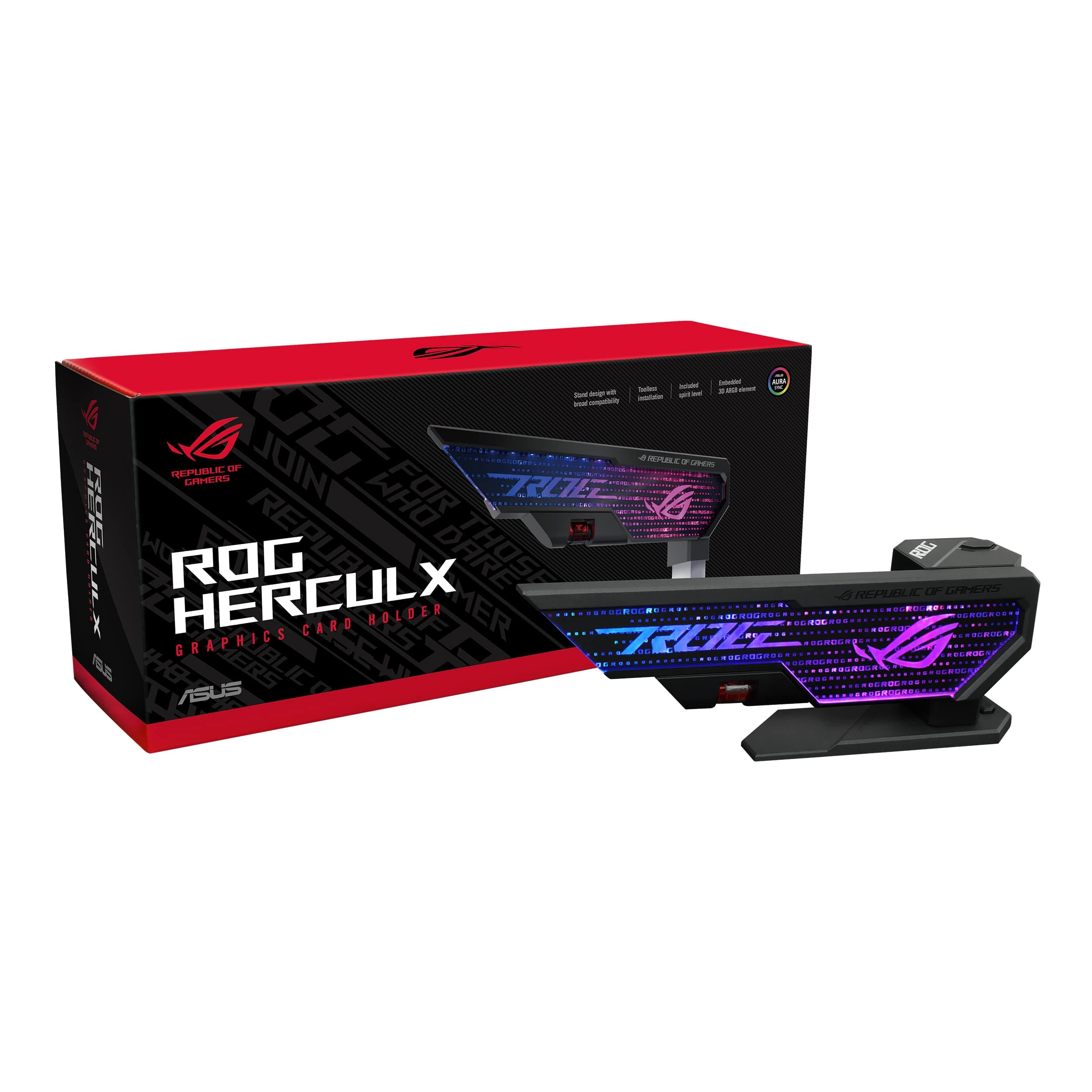 ASUS ROG Herculx Graphics Card Anti-Sag Holder Bracket (Solid Zinc Alloy Construction, Easy Toolless Installation, Included Spirit Level, Adjustable Height, Wide Compatibility, Aura Sync RGB)
