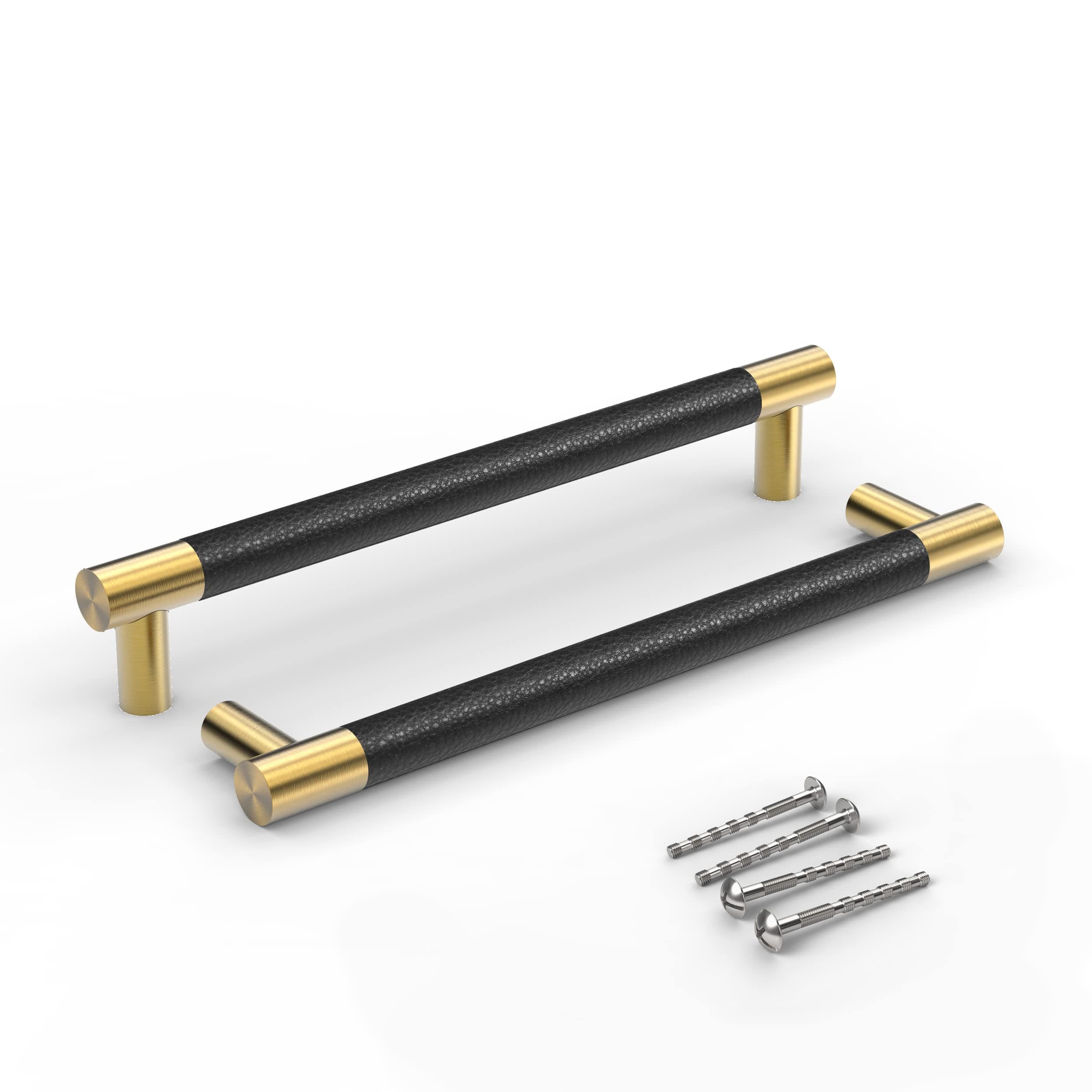 Bar Cabinet Handle Knob Pull Brushed Satin Gold/Brass Finish with Upholstered Black Leather 8.5" (7.5" Hole Center) for Kitchen Cabinet Hardware/Dresser Drawer Handles, 10 Pack