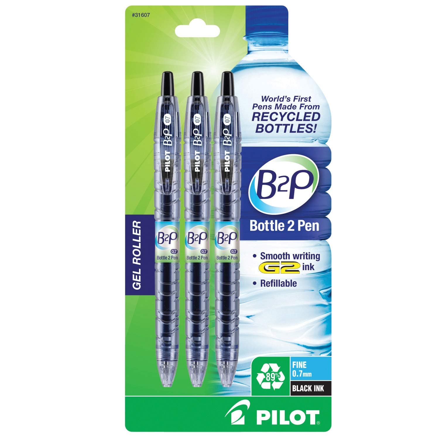 Bottle-2-Pen (B2P) Retractable Premium Gel Roller Pens Made from Recycled Bottles (3 Count) Fine Point, Black G2 Gel Ink, Refillable, Comfortable Grip (31607)