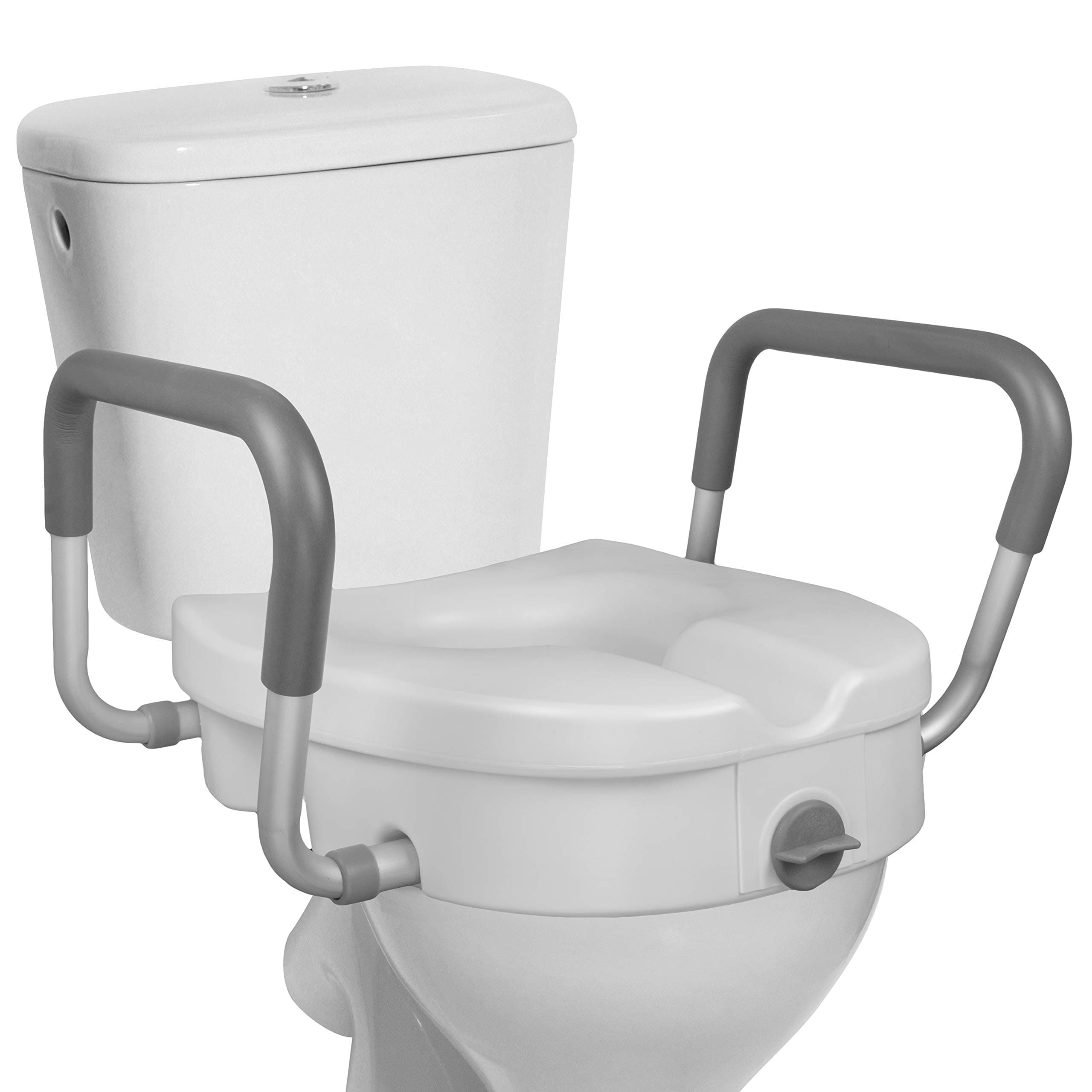 Raised Toilet Seat - 5 Inch Elevated Riser with Adjustable Padded Arms - Toilet Safety Seat for Elongated or Standard Commode