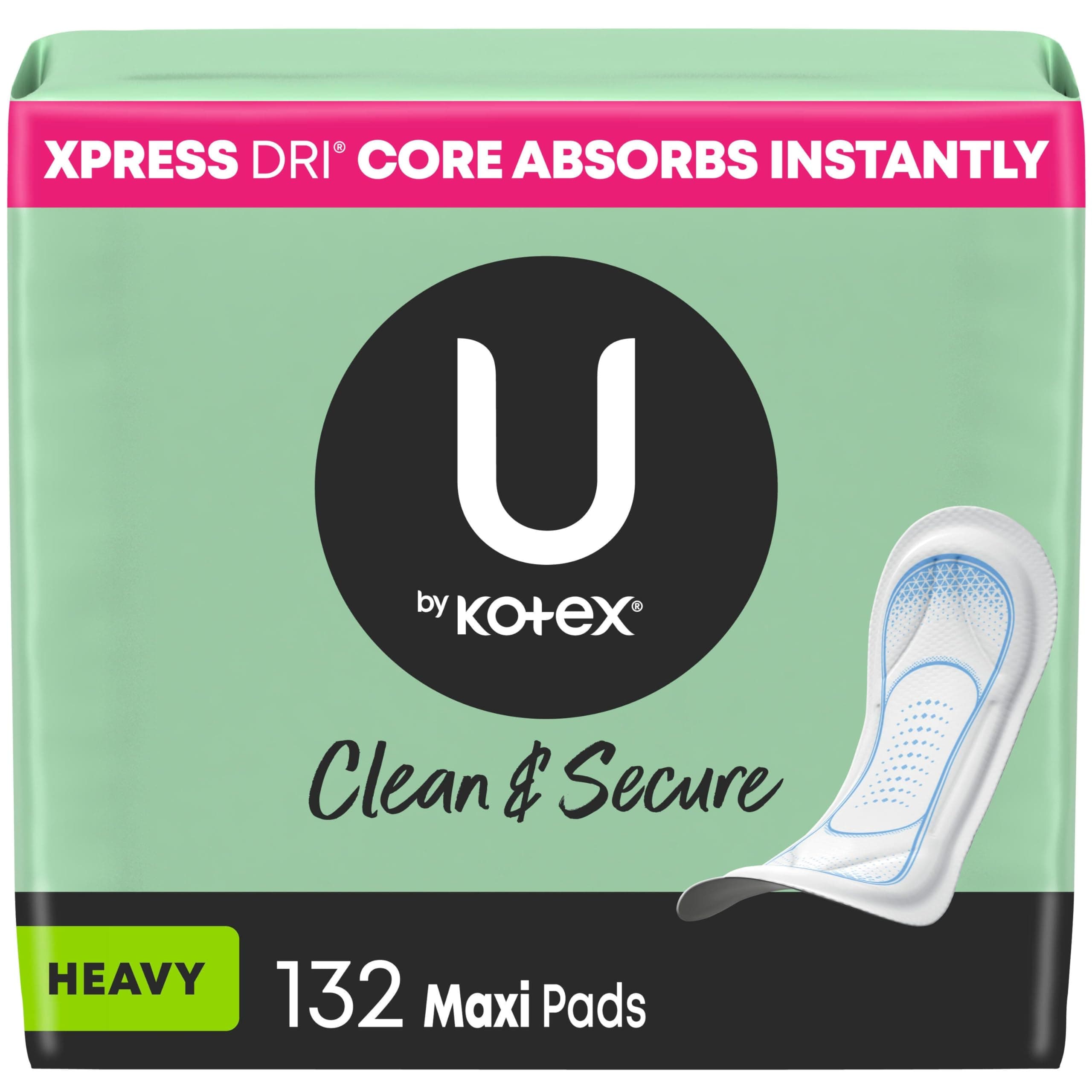 U by Kotex Clean & Secure Maxi Pads, Heavy Absorbency, 132 Count (3 Packs of 44) (Packaging May Vary)