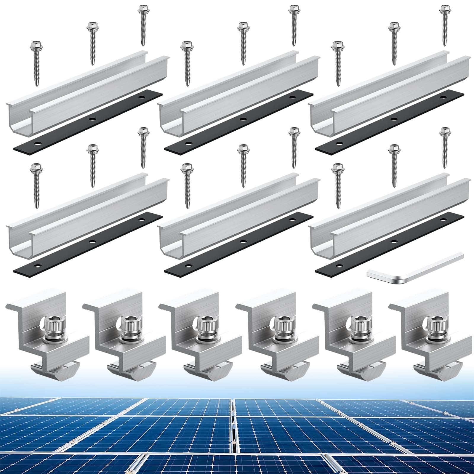 Anbte Solar Panel Bracket Kit, 6 Pcs 7.87 in Aluminium Solar Panel Mounting Rail 30mm/35mm Solar Panel End Clamps, Solar Panel Brackets for Metal Roof, Tin Roof, Flat Roof, Sheet Roof, RV, Silver